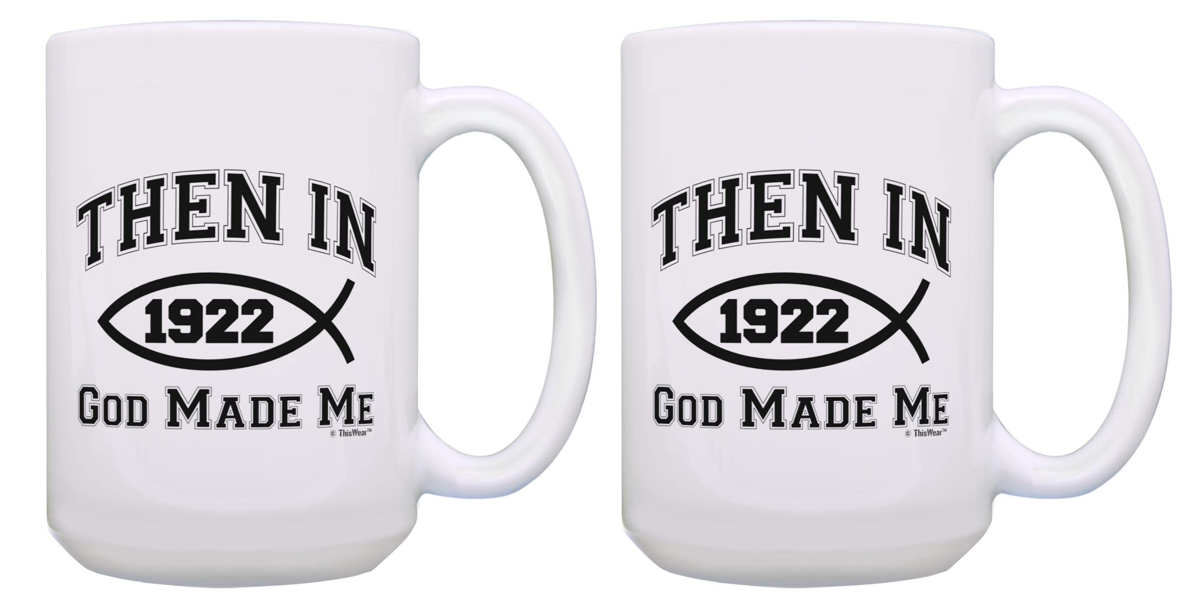 2 Pack 15-oz 100th Birthday Mugs - Vintage 1922 Jesus Fish Design - Perfect Gift for Centenarians & Christian Celebrations - Ideal for Coffee, Tea & Birthday Parties