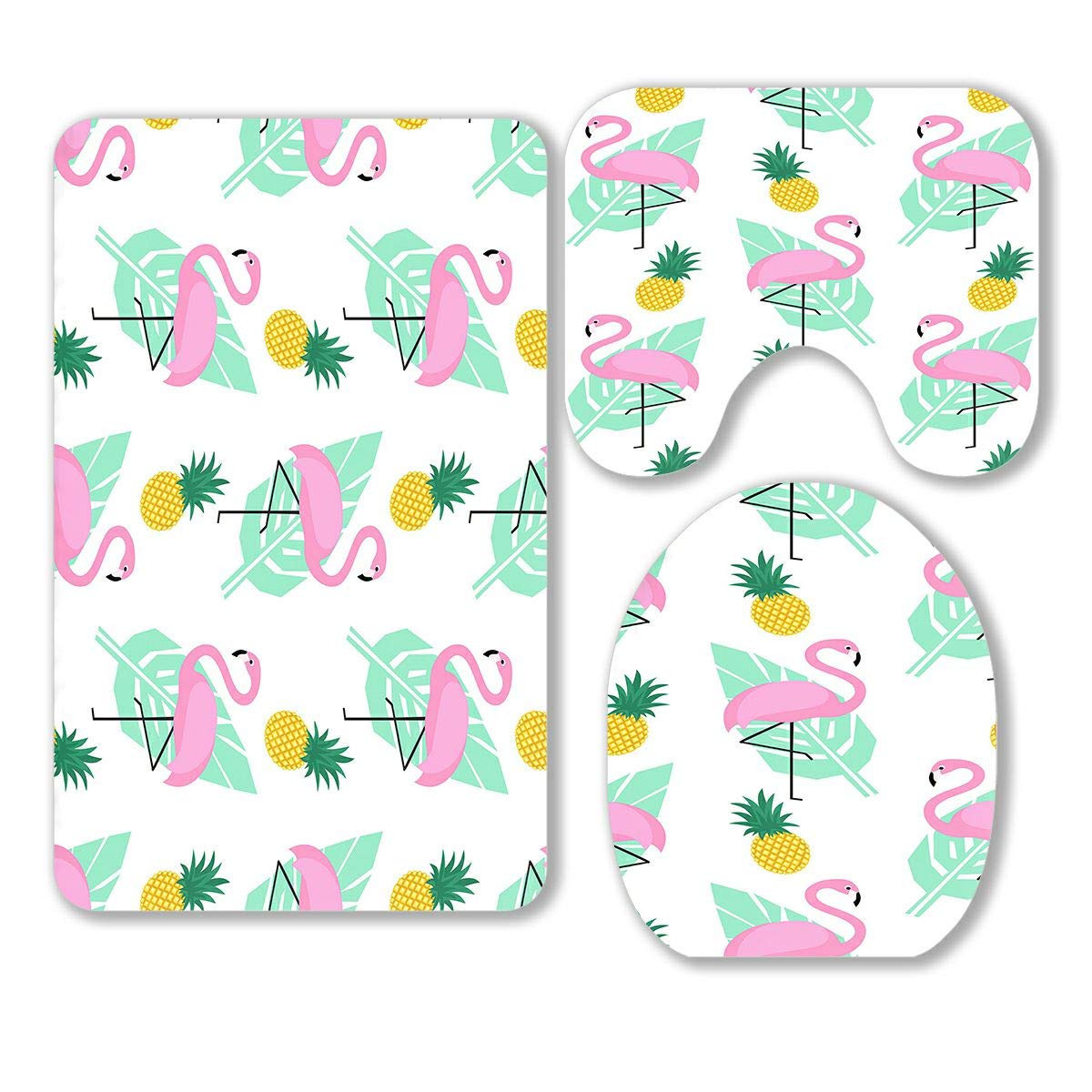 ABPHQTO Pink Flamingo Pineapple Green Palm Leaf 3-Piece Bathroom Rug Set - Soft Contour Mat & Toilet Lid Cover for Tropical Beach Themed Bathrooms
