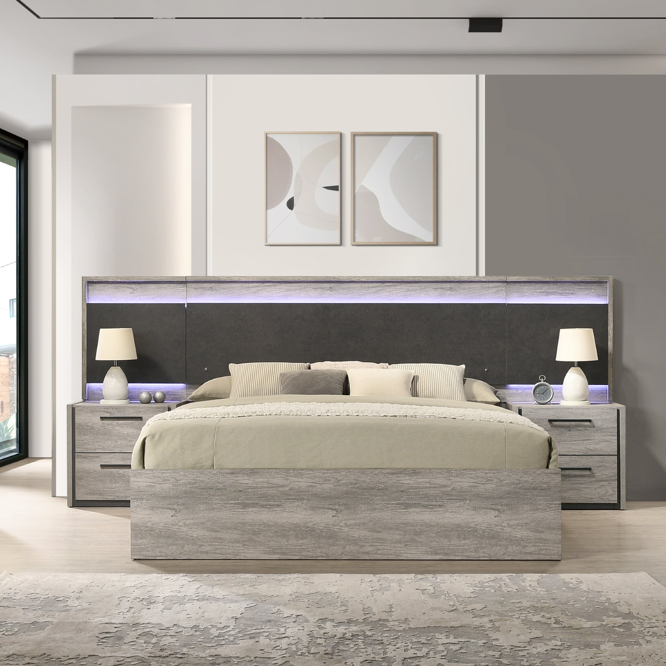 Roundhill Furniture Lenca LED Wallbed Collection - Weathered Gray Queen Size Space-Saving Murphy Bed with Built-In Lighting | Perfect for Small Apartments, Guest Rooms & Studio Living