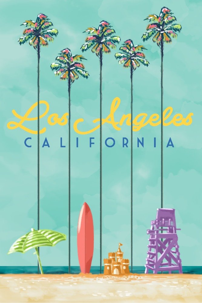 Los Angeles California Tall Palms Beach Scene Wall Art - 24x36 Gallery Quality Metal Print, Aluminum Decor for Living Room, Bedroom & Office