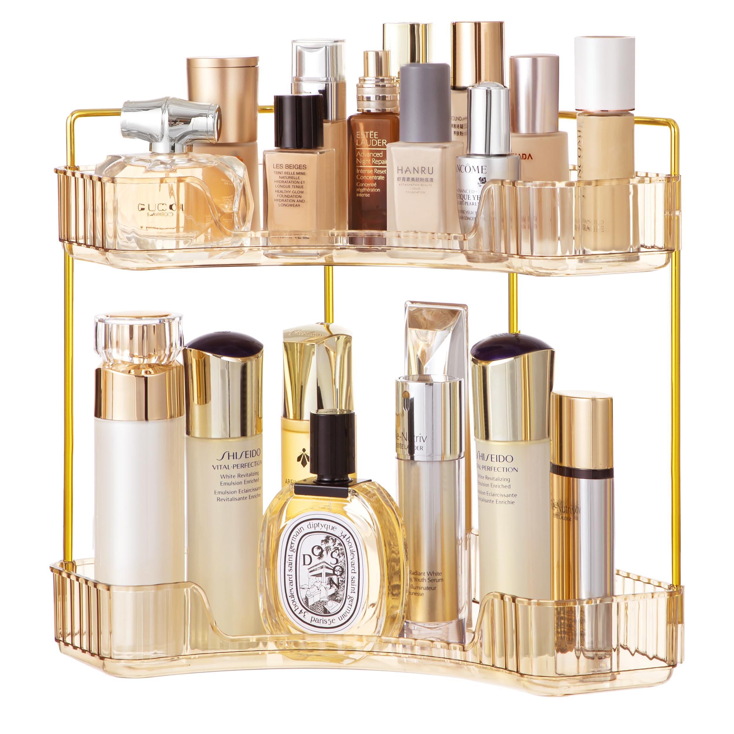 2-Tier Gold Bathroom Countertop Organizer - Corner Makeup & Skincare Storage Tray for Perfumes, Cosmetics & Toiletries | Perfect for Vanity, Sink Counter & Small Bathroom Spaces