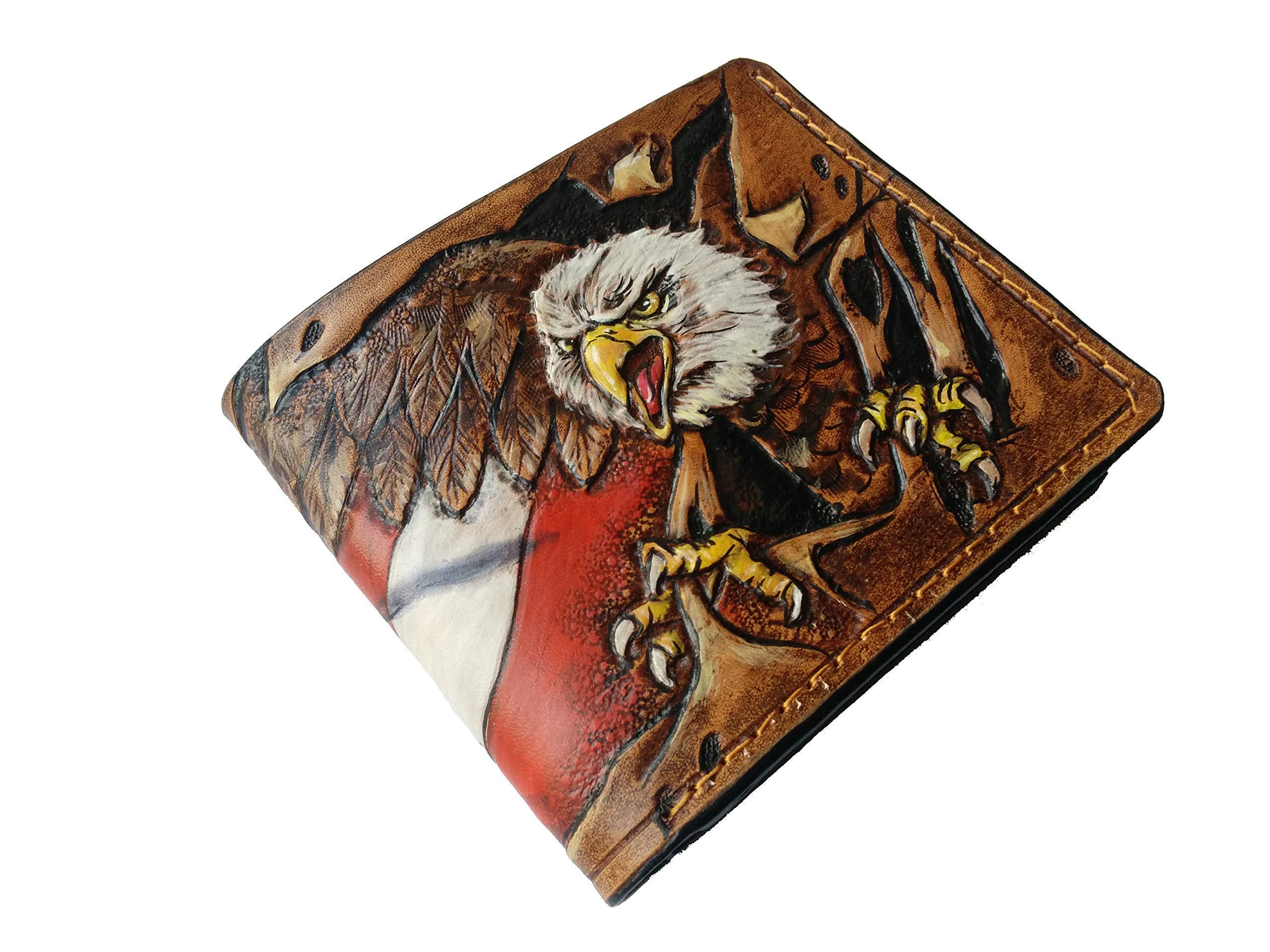 USA Flag Patriotic Military RFID Bifold Wallet for Men - Genuine Leather Handmade Biker Wallet with Bald Eagle & American Flag Embossed Design - Perfect for Veterans, Independence Day & Everyday Carry