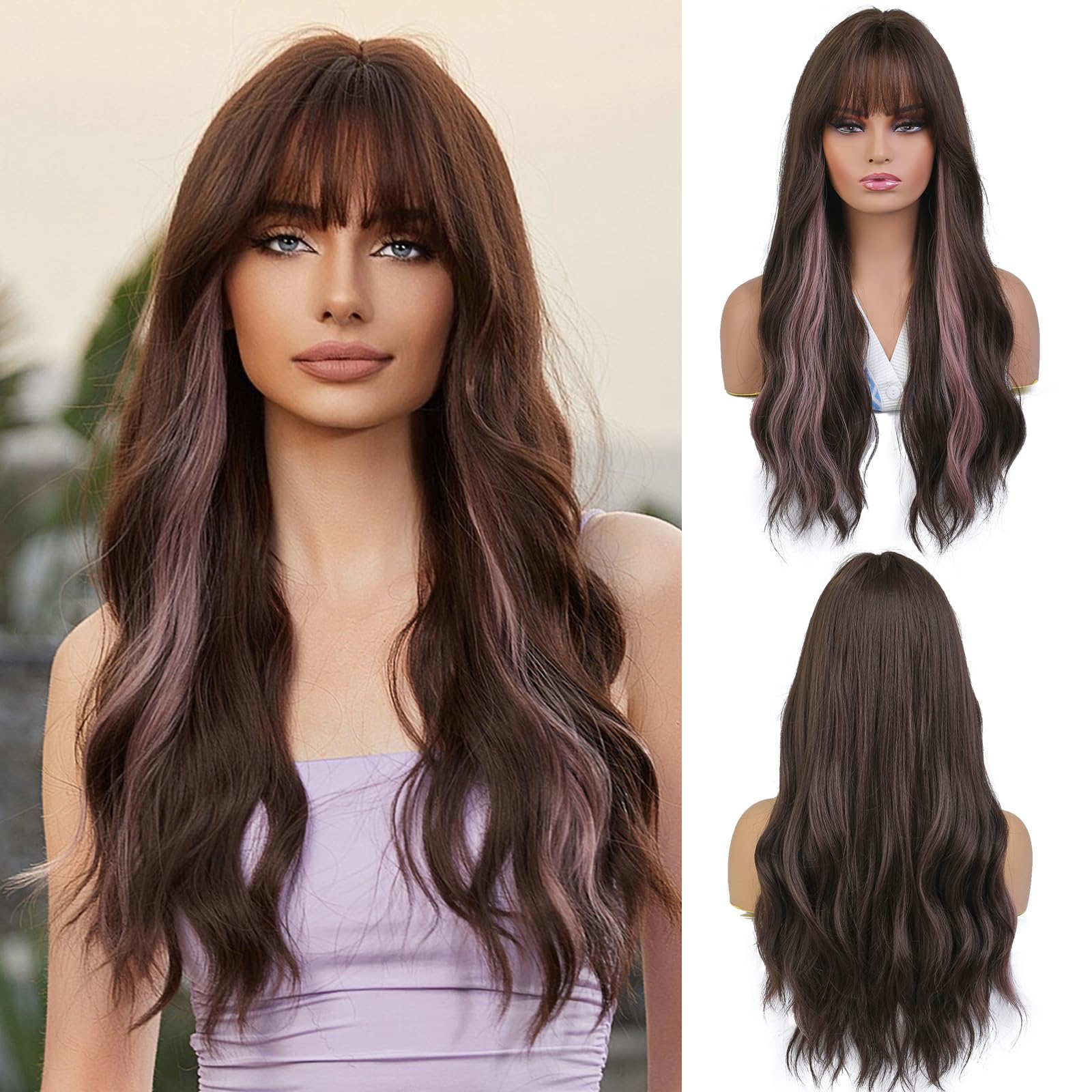 Stylish Brown Wig with Pink Highlights for Women - Perfect for Cosplay, Halloween, and Daily Fashion