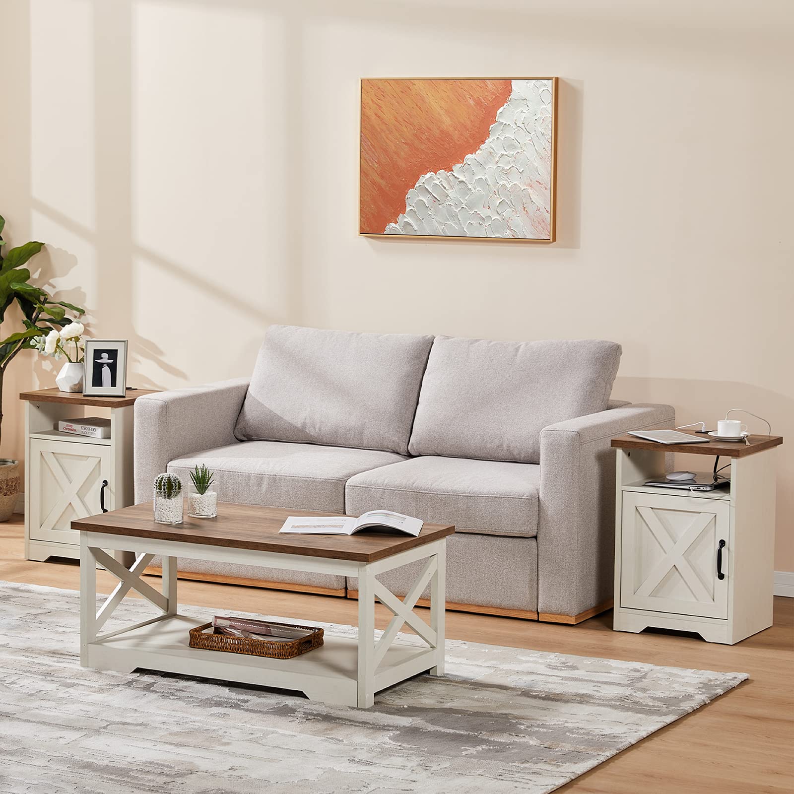 AMERLIFE 3-Piece Farmhouse Living Room Table Set with Coffee Table & 2 End Tables - USB Charging Station, Distressed White Finish - Perfect for Rustic Home Decor & Modern Entertainment Spaces