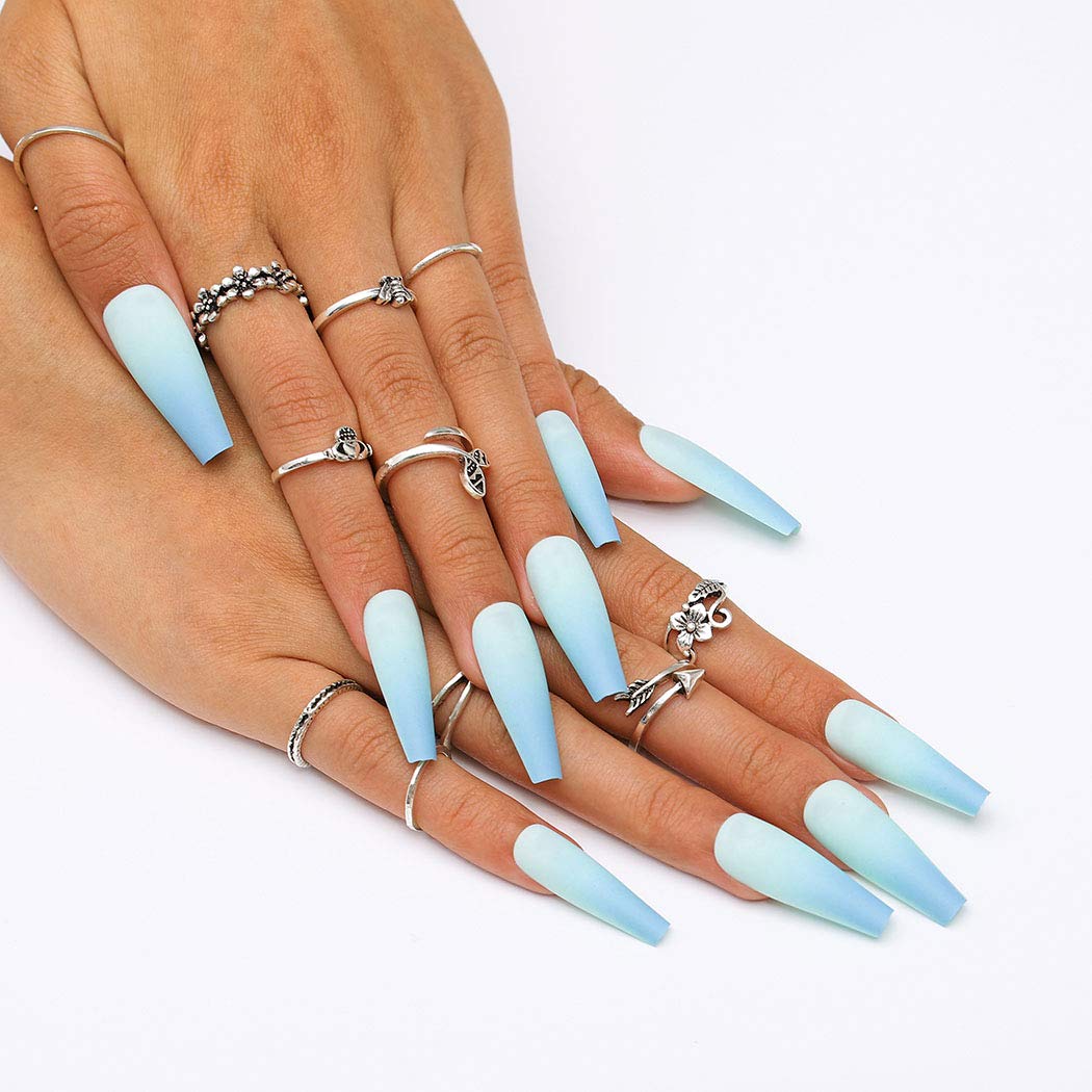 Gradient Blue Press on Nails - Extra Long Coffin Matte Fake Nails 24Pcs | Full Cover Acrylic Nails for Women & Girls | Perfect for Parties, Weddings & Special Occasions