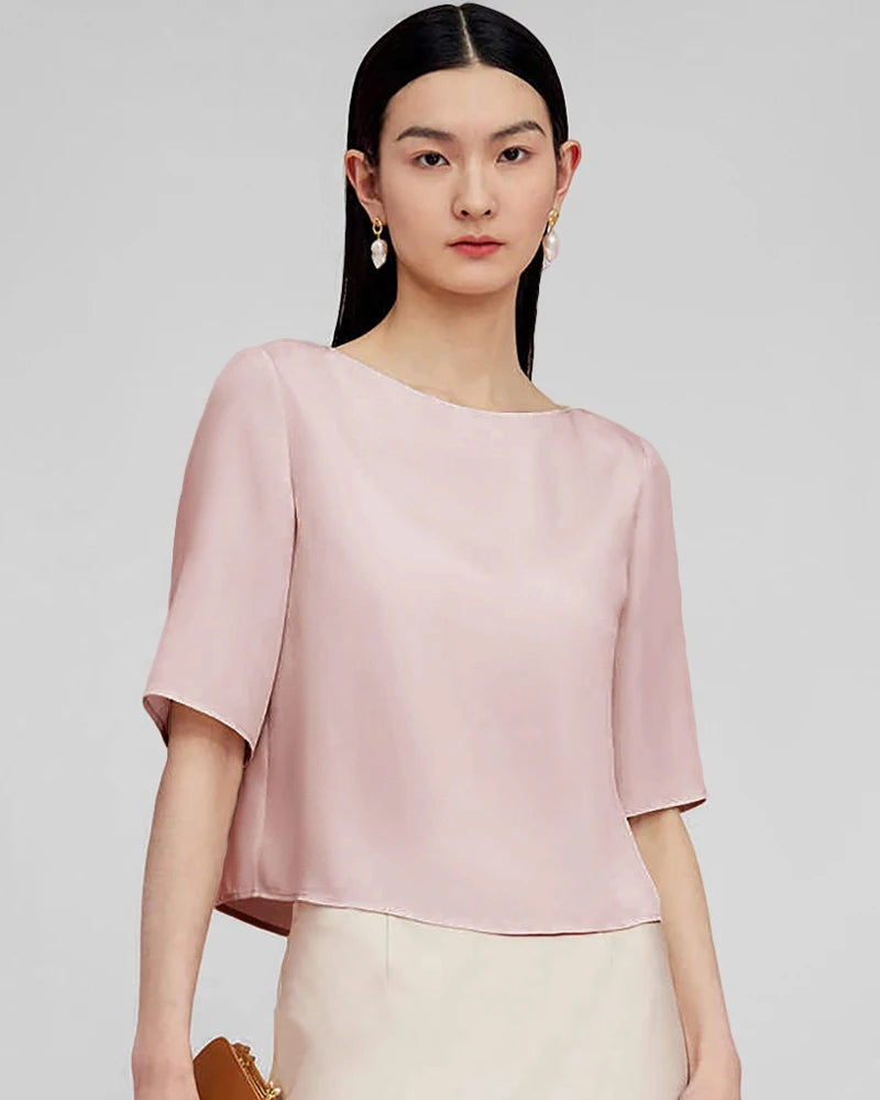 Half Sleeve Basic Silk Blouse for Women - Elegant Casual & Office Wear - Soft Breathable Silk Top for Summer & Spring