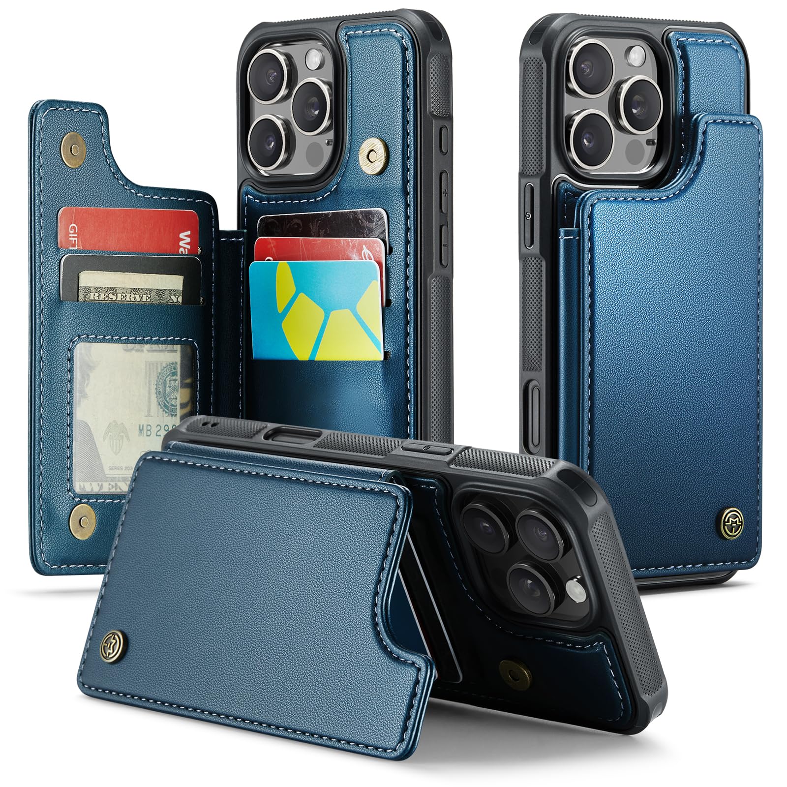 iPhone 16 Pro Max Wallet Case with Card Holder & RFID Blocking - Magnetic Clasp Kickstand Shockproof Phone Cover (6.9