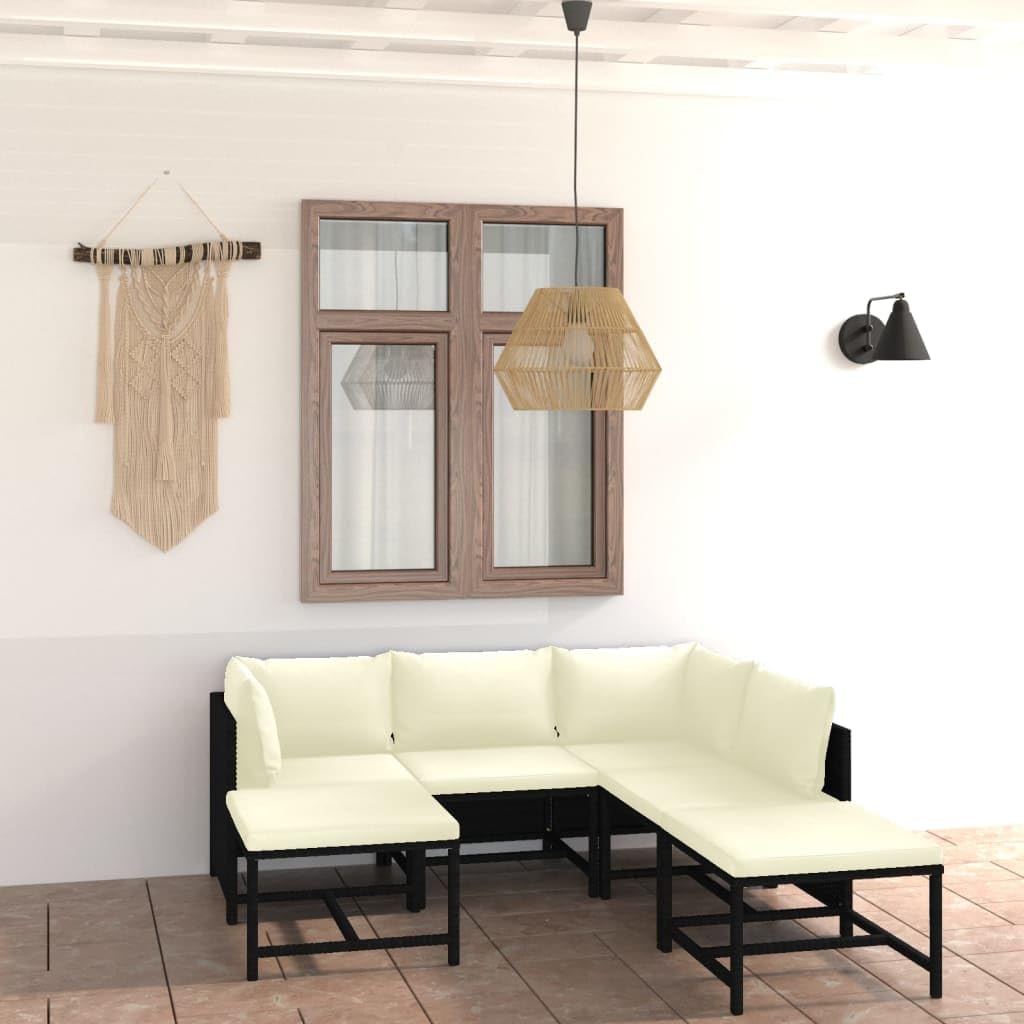 7-Piece VidaXL Patio Furniture Set - Black Poly Rattan Sectional Sofa with Cushions & Footstool for Outdoor Garden, Farmhouse Modern Style - Perfect for Backyard, Poolside & Patio Relaxation