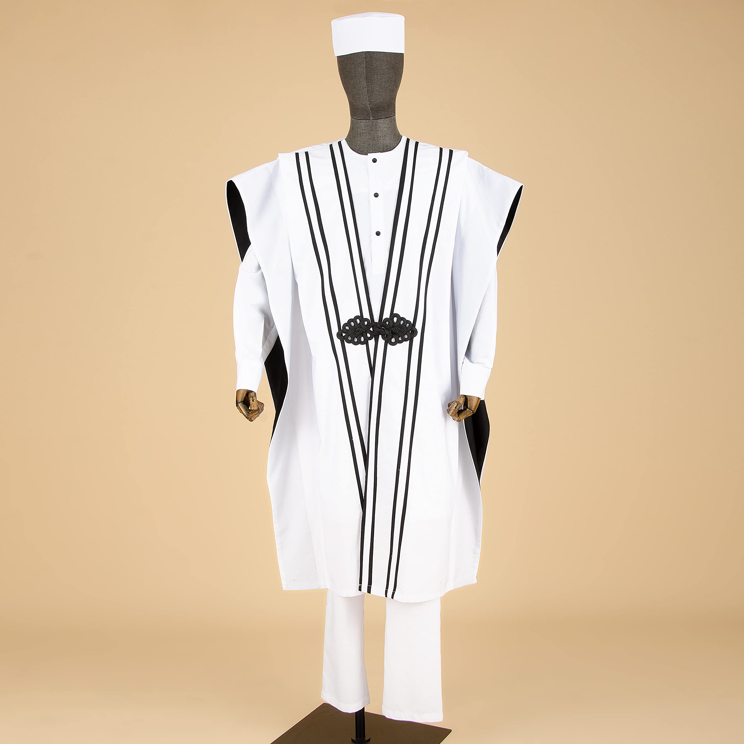 African Men's Agbada Robe & Dashiki Shirt Set with Ankara Pants & Tribal Hat - 4 Piece Traditional Wedding & Evening Outfit for Special Occasions