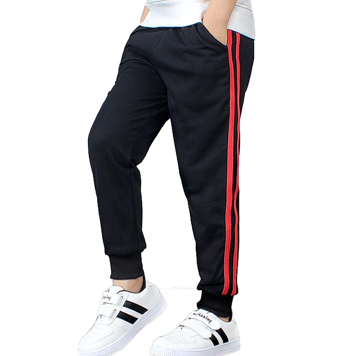 FLOWERKIDS Boys' Striped Cotton Jogger Pants with Adjustable Waist | Soft & Comfortable Sweatpants for Kids Age 5-14 | Perfect for School, Play & Casual Wear