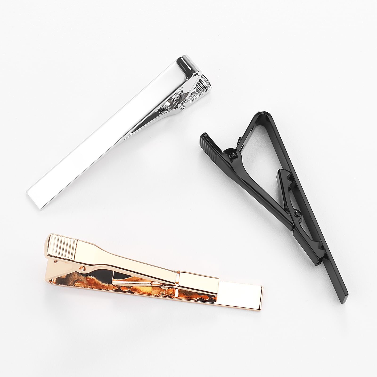 Men's Tie Clips 3-Pack - Silver Gold Black Tie Bars for Office & Formal Events
