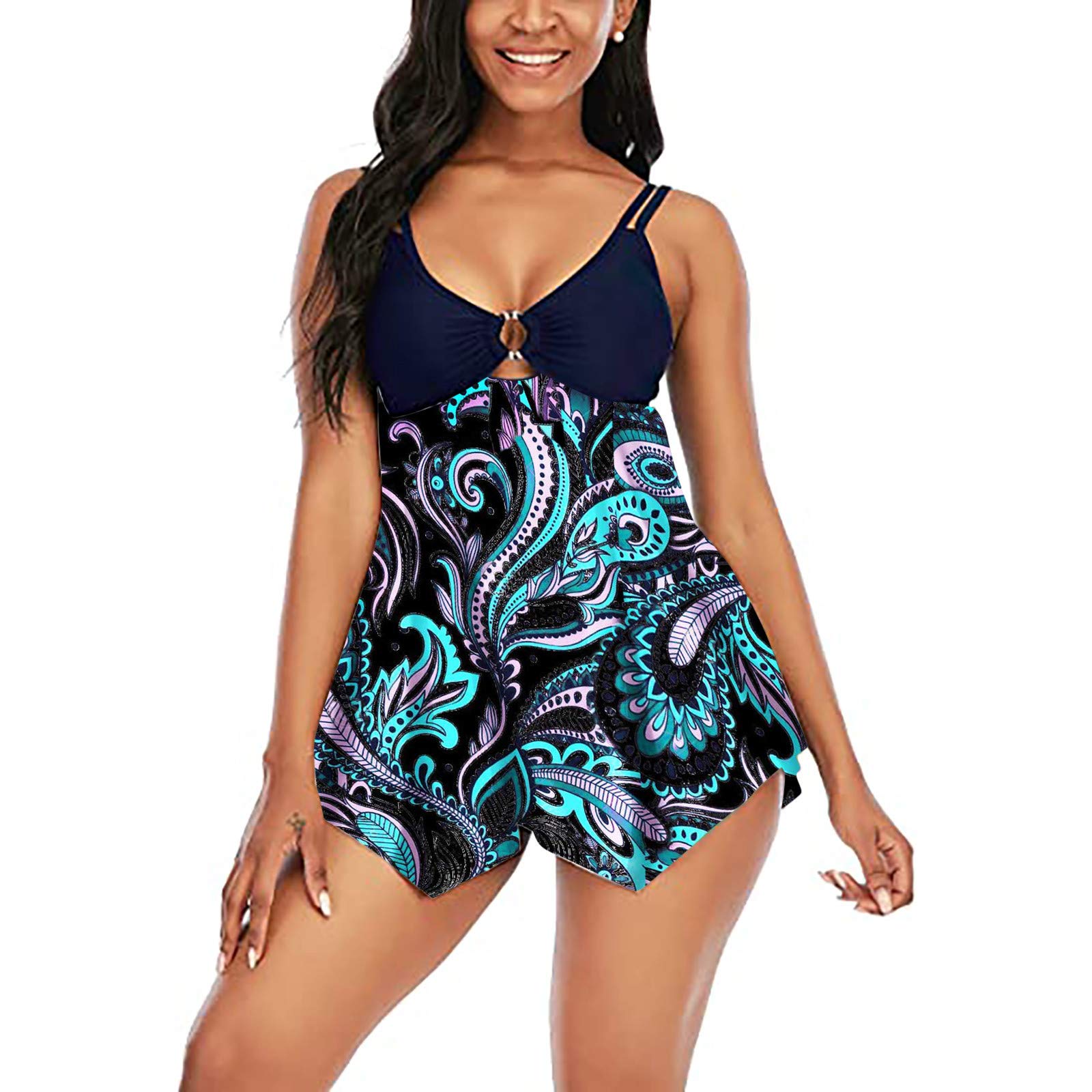ZDFER Plus Size Swimsuits for Women - Deep V Neck Backless Floral Two Piece Tankini with Boy Shorts | Summer Swimwear for Beach, Pool & Vacation | Comfortable Bathing Suits for Curvy Women