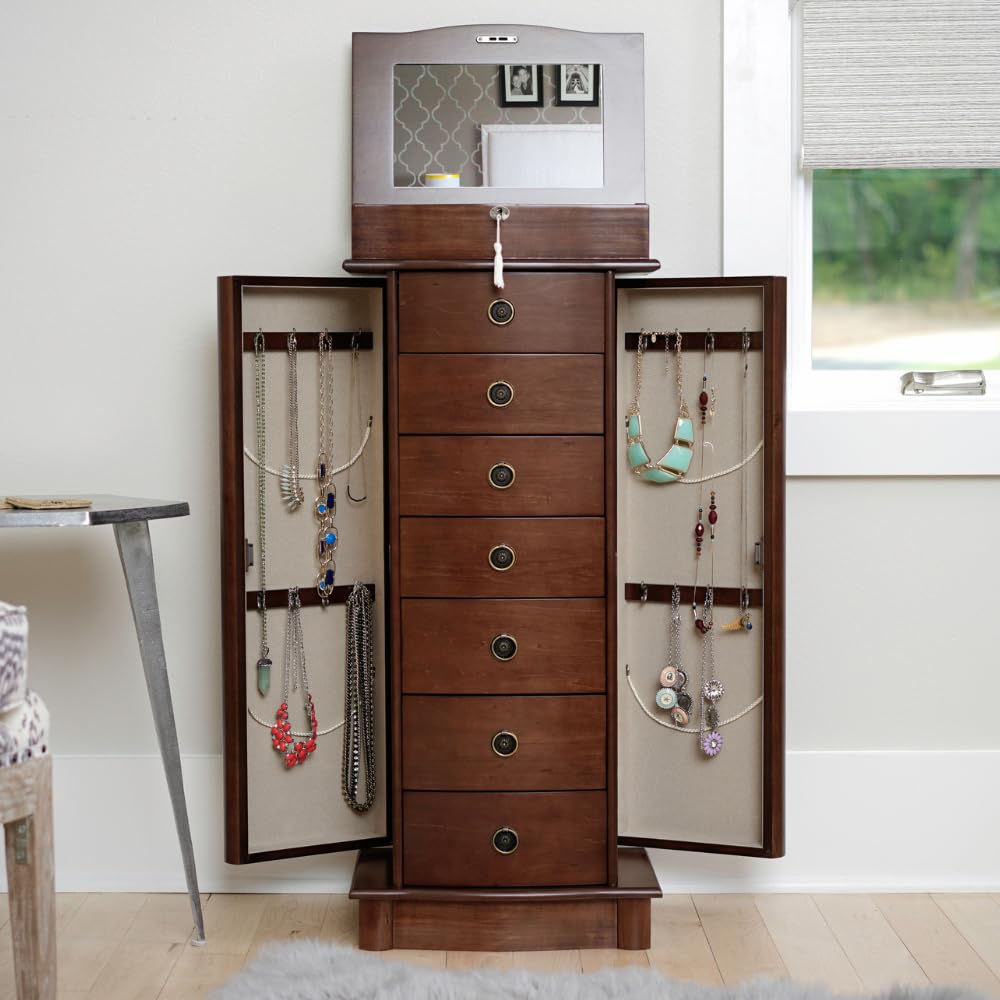 Noelle Standing Jewelry Armoire Cabinet with Lock - 7 Drawer Jewelry Storage Organizer with Flip Mirror - Walnut Jewelry Chest for Necklaces, Earrings & Bracelets - Perfect for Bedroom, Closet & Dressing Room Organization