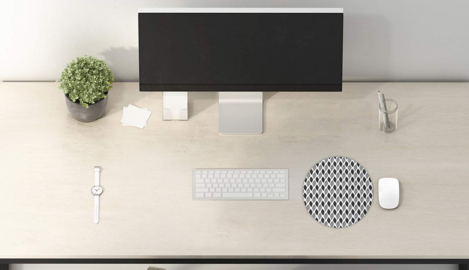 Ambesonne Round Non-Slip Gaming Mouse Pad - 8 Inch Abstract Black Dotted Leaves Design on White Background, Thick Rubber Base for Computer & Office Use | Perfect for Gaming, Graphic Design & Workspace Setup