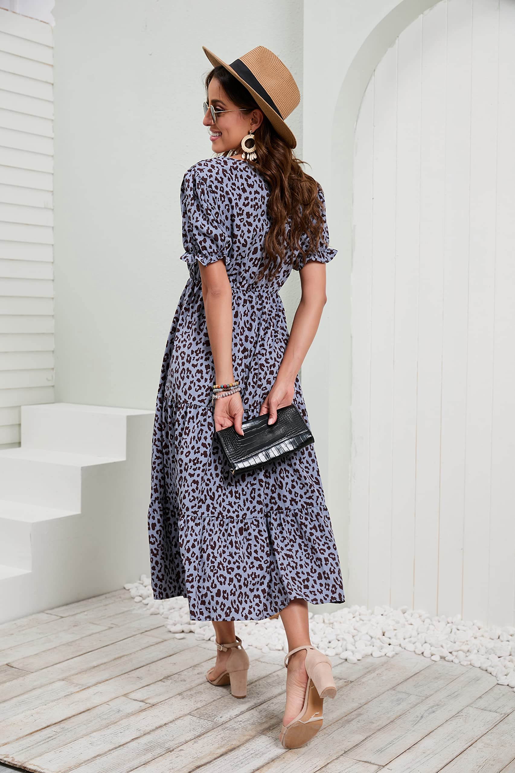 GRECERELLE Women's Boho Floral Midi Dress - Loose Fit Crewneck Ruffle Puff Sleeve High Waist Summer Dress for Casual Wear, Beach Vacation & Date Night Outfits
