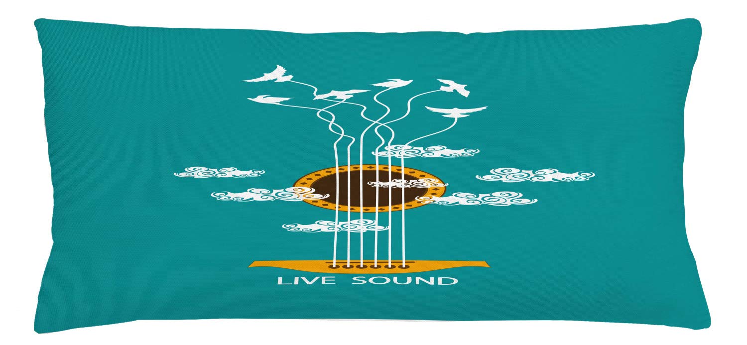 Ambesonne Guitar Themed Throw Pillow Cover - Abstract Music Design with Birds on Strings & Clouds - 36x16 Inch Decorative Rectangle Cushion Case in Turquoise Marigold White - Perfect for Living Room, Bedroom & Music Lover Gifts