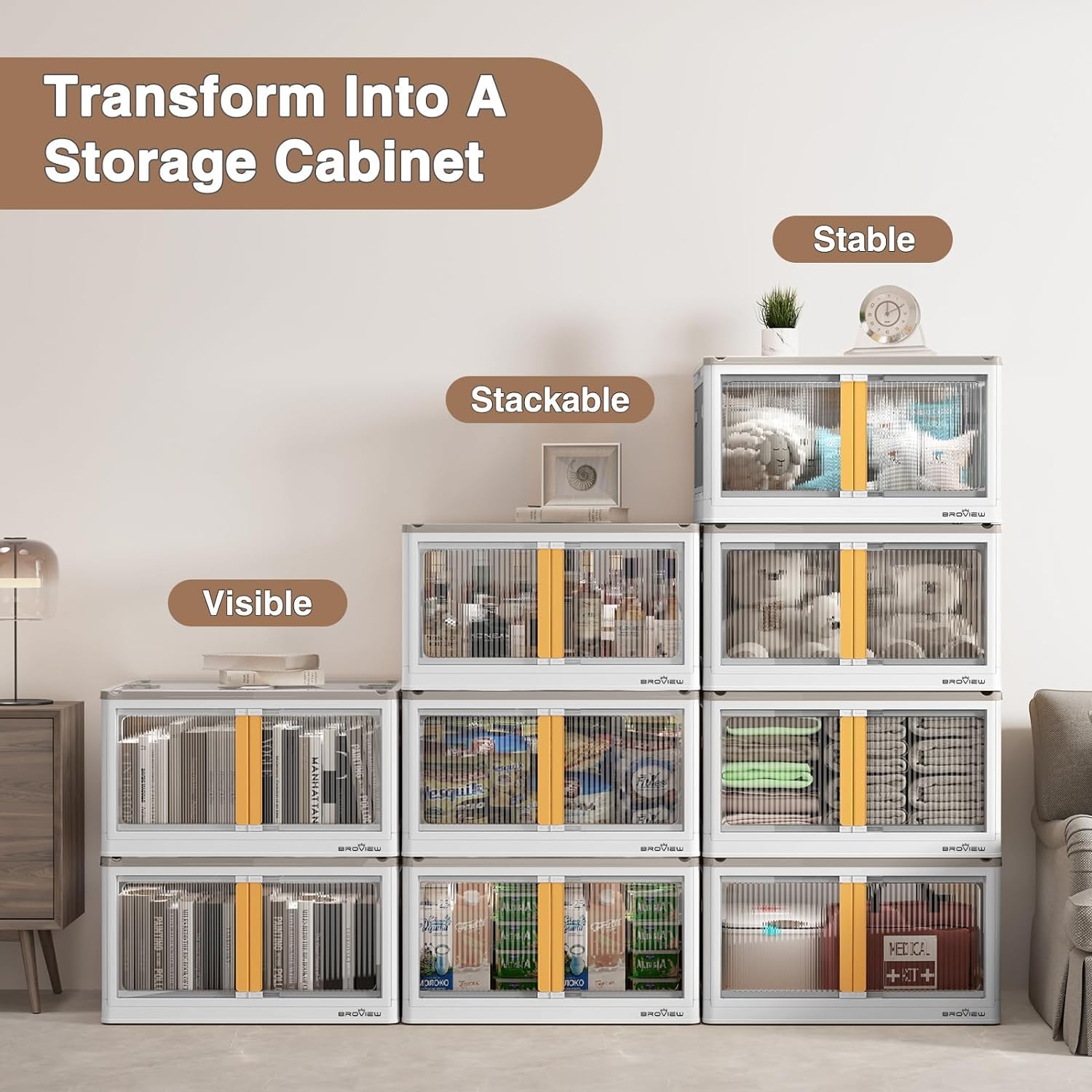 4-Pack Stackable Collapsible Storage Bins with Lids & Wheels - 100 Gallon Plastic Storage Containers with 5 Doors - Foldable Closet Organizers for Home, Garage & Office Organization - White Storage Bins for Shelving, Cabinets & Underbed Storage