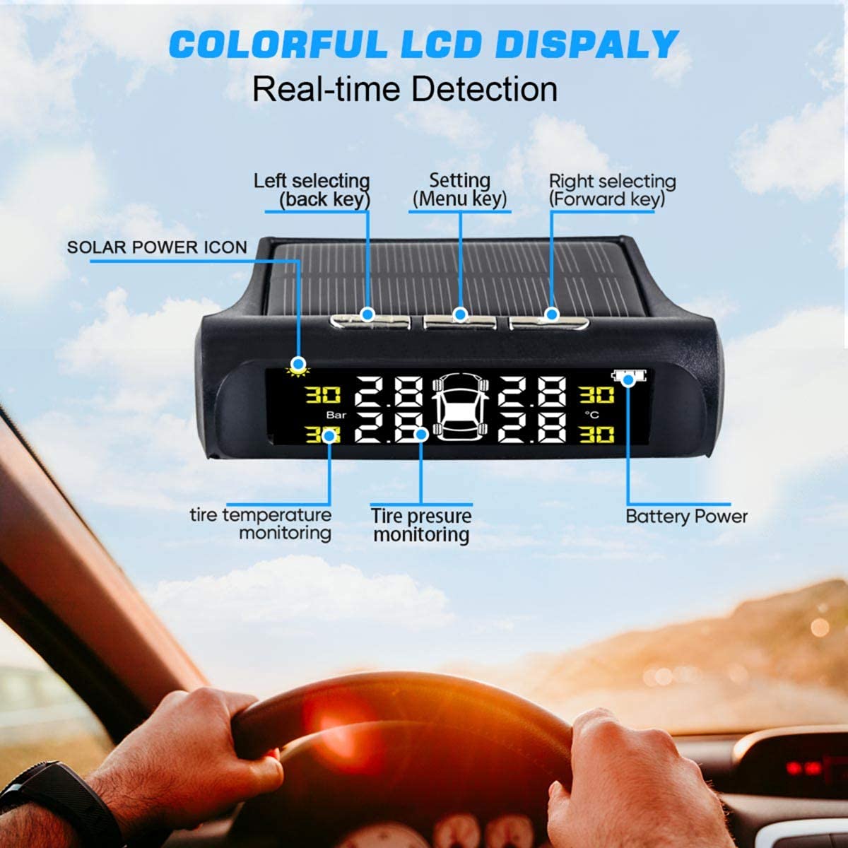 Solar-Powered Wireless Car Tire Pressure Monitoring System (TPMS) - Universal Waterproof External Sensors with 6 Modes, Real-Time Pressure & Temperature Alerts for RV, Trailer & Vehicles - Perfect for Long Road Trips & Heavy Load Safety