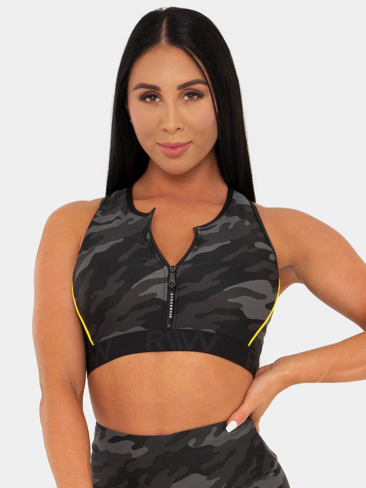BFCAMO Zip Up Sports Bra for Women - Camouflage Workout Top for Running, Yoga & Gym - Moisture Wicking & Supportive Athletic Shirt