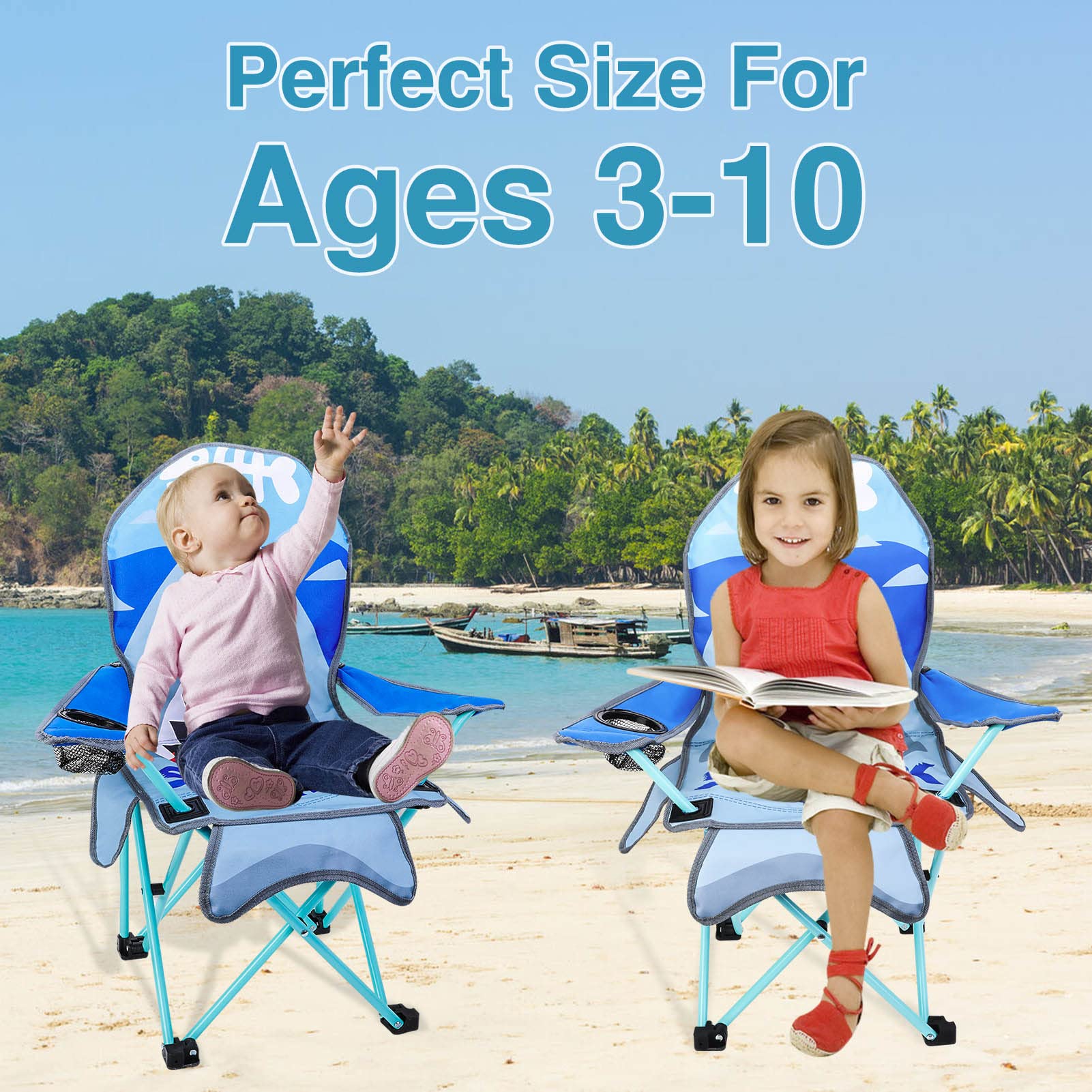 KABOER Kids Folding Camping Chair with Cup Holder & Carry Bag - Portable Outdoor Lawn Chair for Children, Beach, Picnic, Travel, and Backyard Use