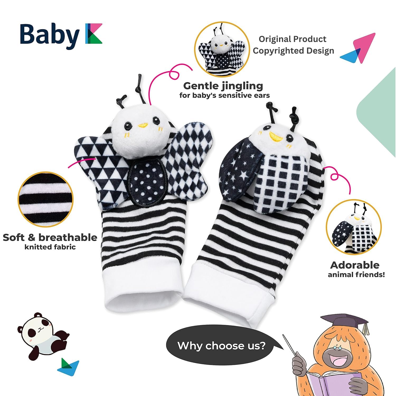 BABY K Baby Rattle Socks & Wrist Toys Set E - Newborn Infant Developmental Toys for Boys & Girls 0-12 Months - Soft Hand & Foot Rattles for Sensory Play & Brain Growth - Perfect Baby Shower Gift for Crawling & Tummy Time Activities