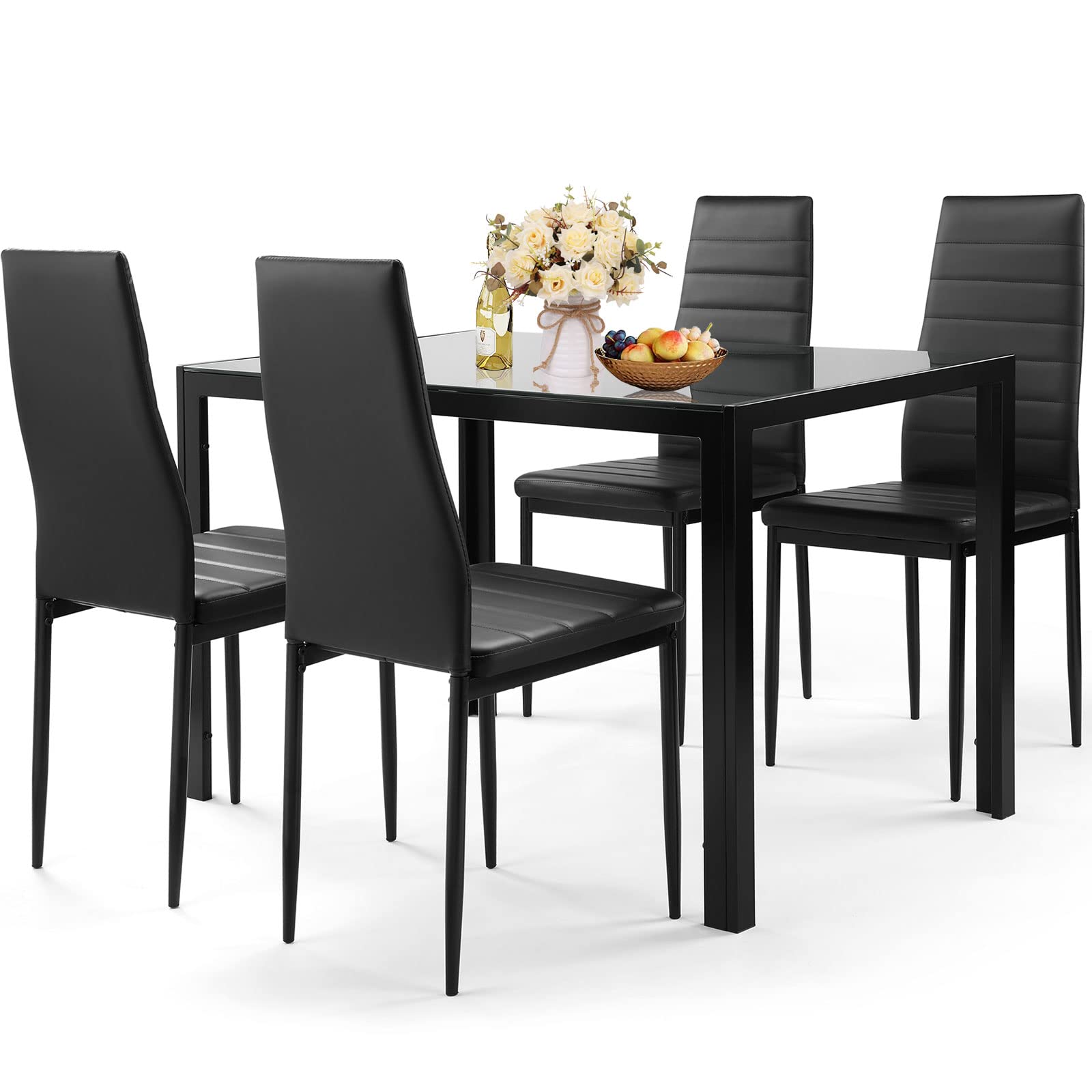 5-Piece Black Dining Table Set for 4 with Tempered Glass Top & Faux Leather Chairs - Space-Saving Kitchen Furniture for Small Apartments, Breakfast Nooks & Compact Dining Areas