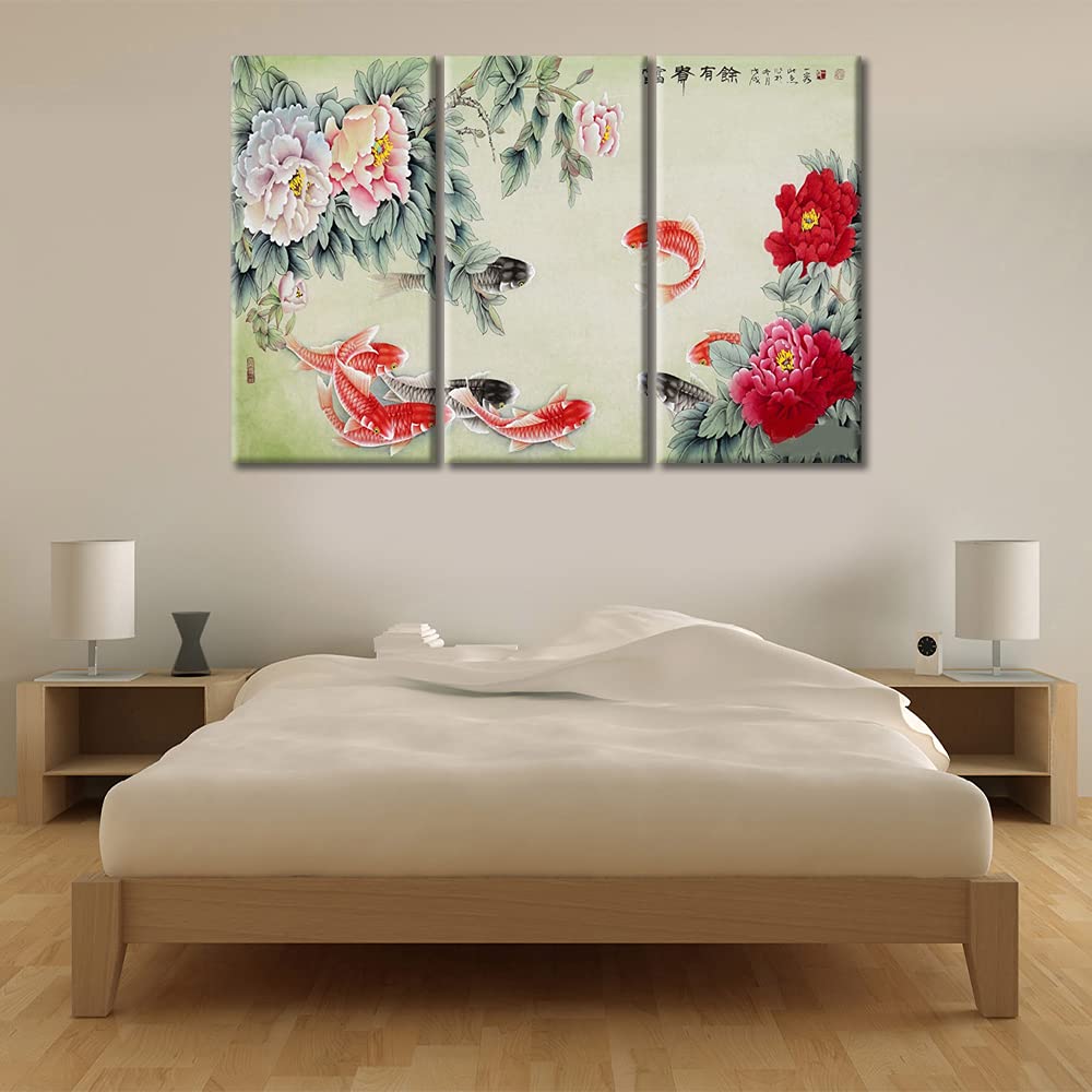 Stunning 3-Piece Chinese Ink Koi Peonies Canvas Wall Art - 60