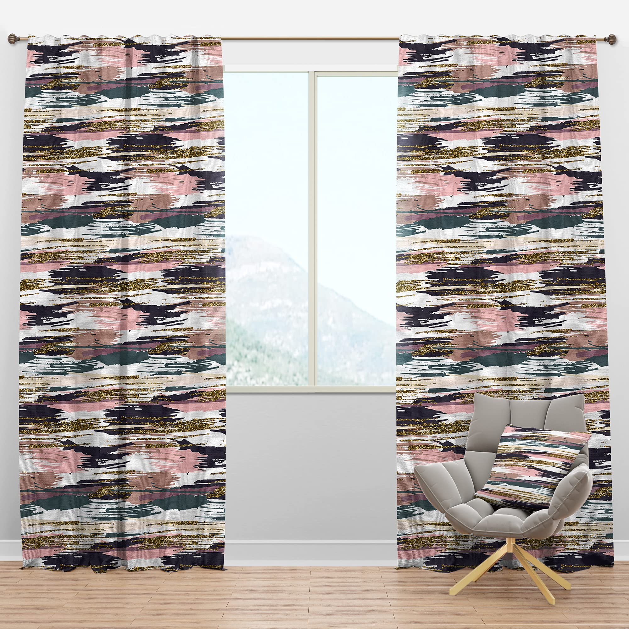DesignQ Blackout Curtains - Gold Glitter Textured Brush Strokes & Stripes - Thermal Insulated Single Panel (52x120 inches) for Bedroom & Living Room - Perfect for Light Blocking, Energy Saving & Home Decor
