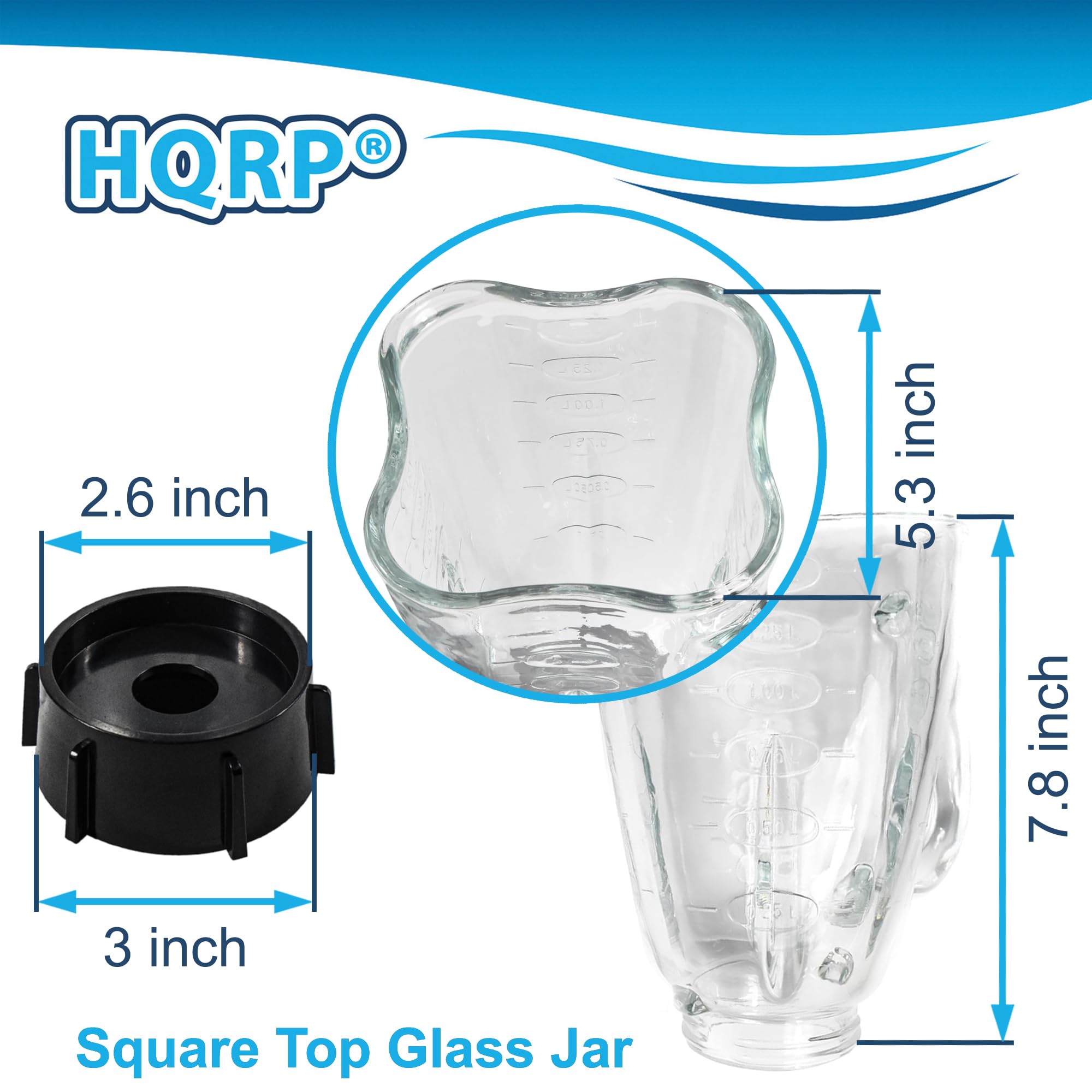 HQRP 1.75L Glass Jar Replacement for Oster Osterizer Blender - Compatible with Models 004954-011-090, 014709-156-000, 004902-003-NP0, 084036000000 - 0.46 Gallon Capacity with White Lid - Perfect for Smoothies, Juices & Food Prep