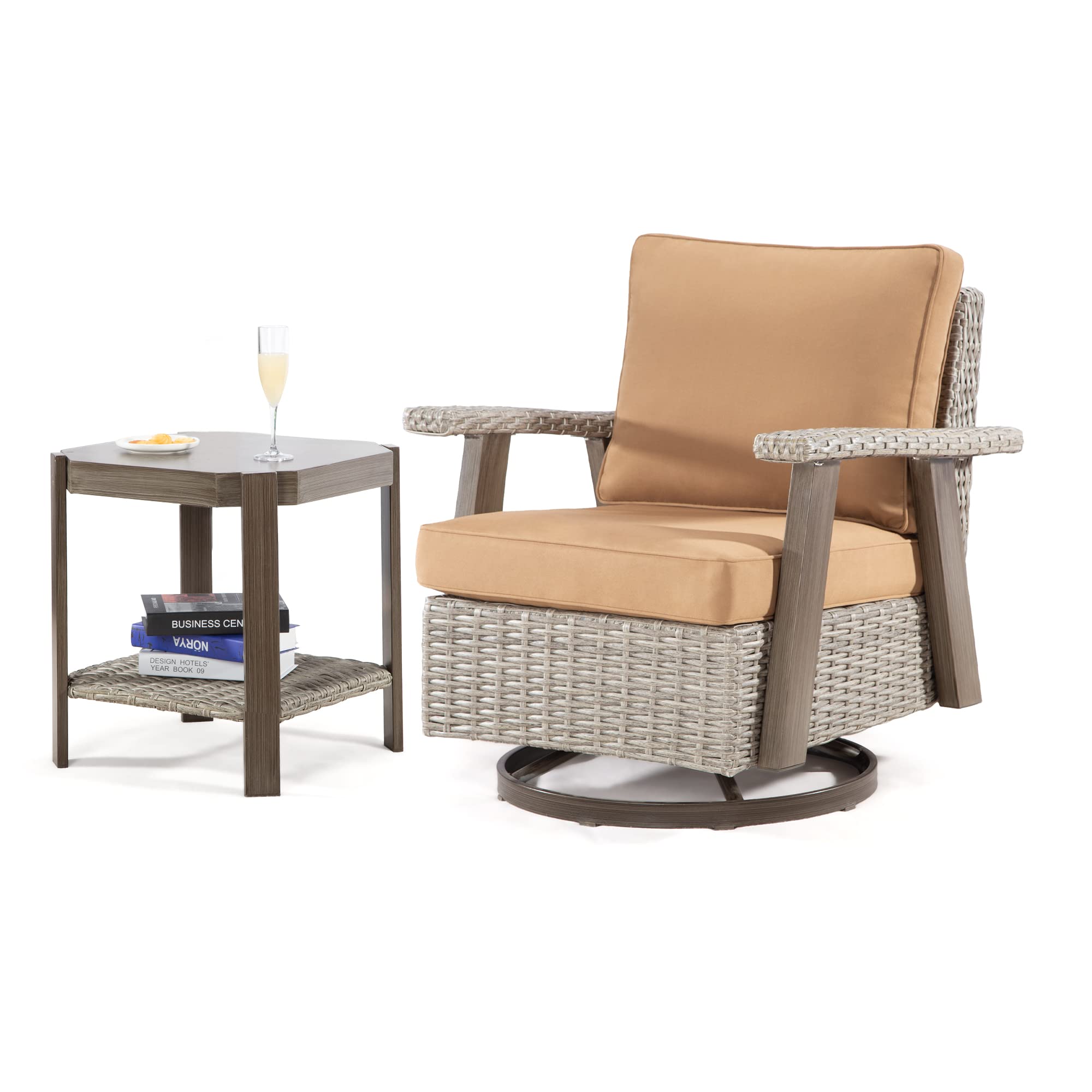 360° Swivel Rocker Patio Chair with Side Table - 2-Piece Outdoor Wicker Furniture Set, Durable Fabric Cushion & Ergonomic Design (Grey/Camel) - Perfect for Backyard, Poolside & Garden Relaxation