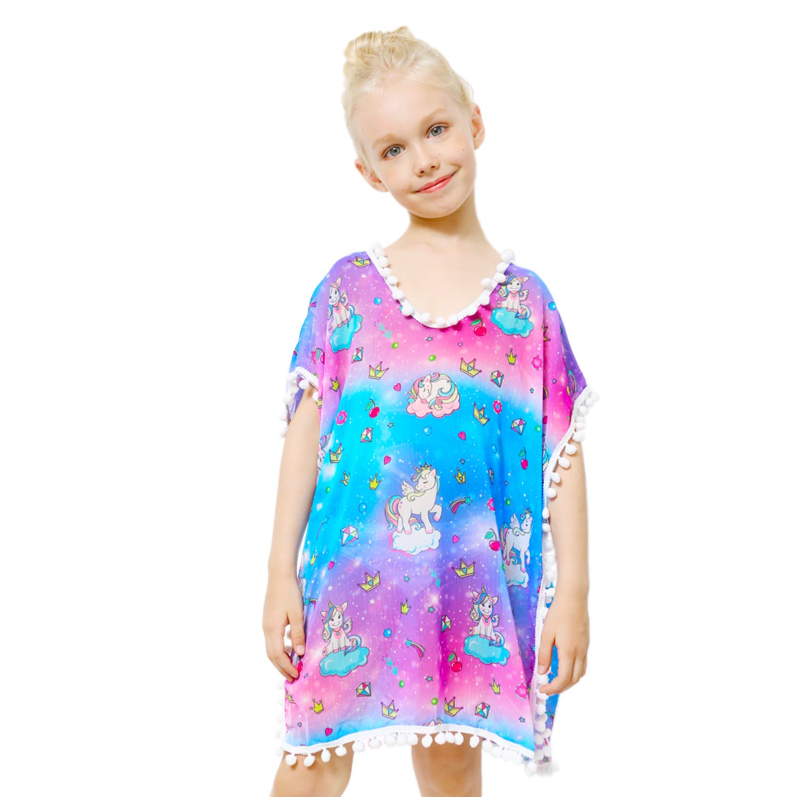 Unicorn Mermaid Swim Cover Up for Girls - Lightweight Chiffon Beach Swimsuit Coverup with Pompom Tassel | Perfect for Poolside, Beach Vacations & Summer Outings