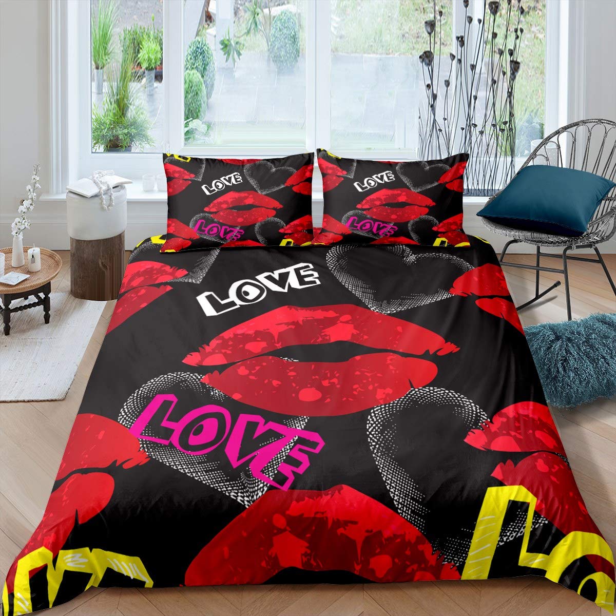Sexy Lips Duvet Cover Set - Soft Luxury Red Lip Print Bedding for Women & Girls - Twin Size 2-Piece Comforter Cover with Lipstick Design - Perfect for Bedroom Decor, Valentine's Gift & Feminine Home Styling