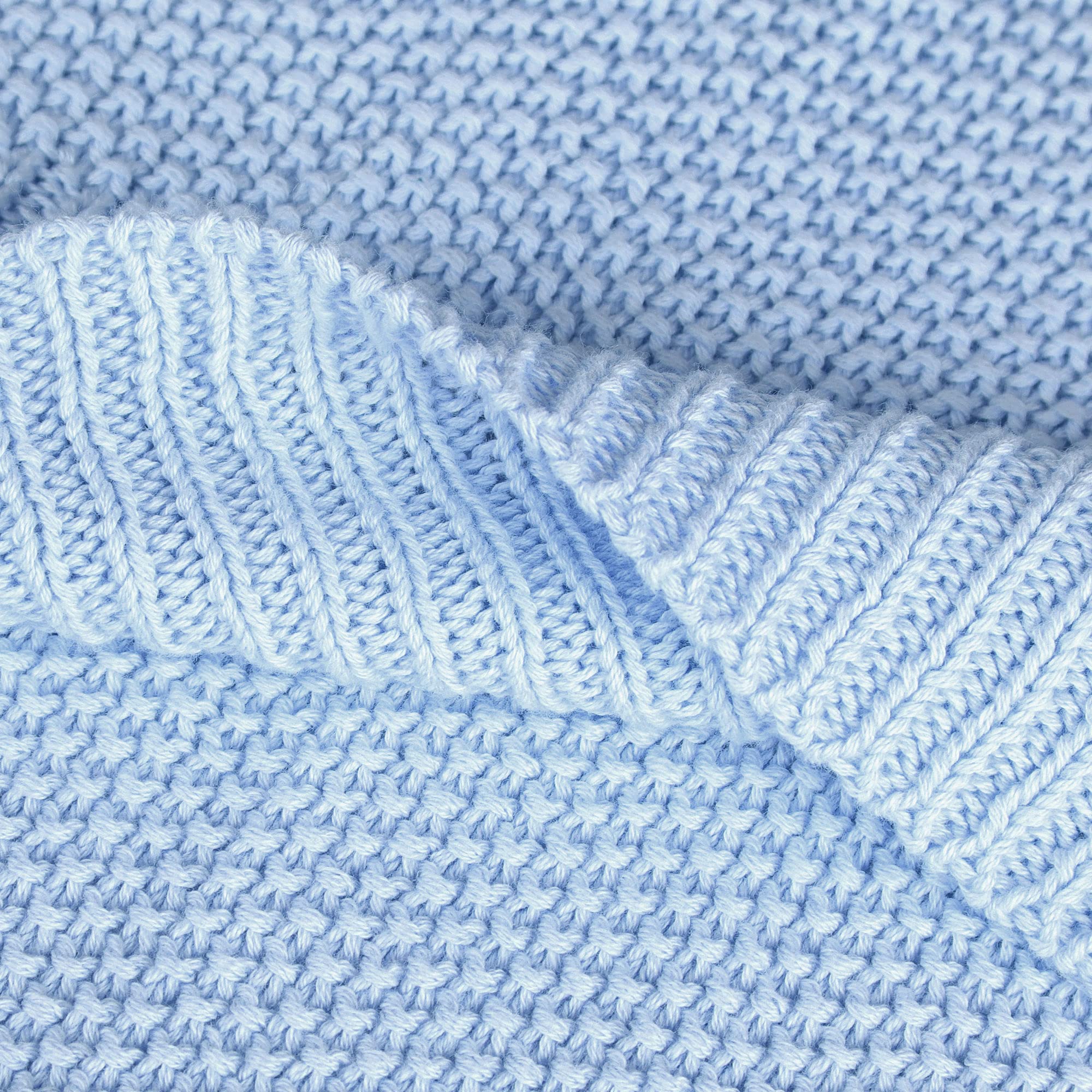 PiccoCasa 100% Cotton Knit Throw Blanket - Ultra Soft Lightweight Decorative Sofa Blanket for Living Room, Bed, Office - Pale Blue 50