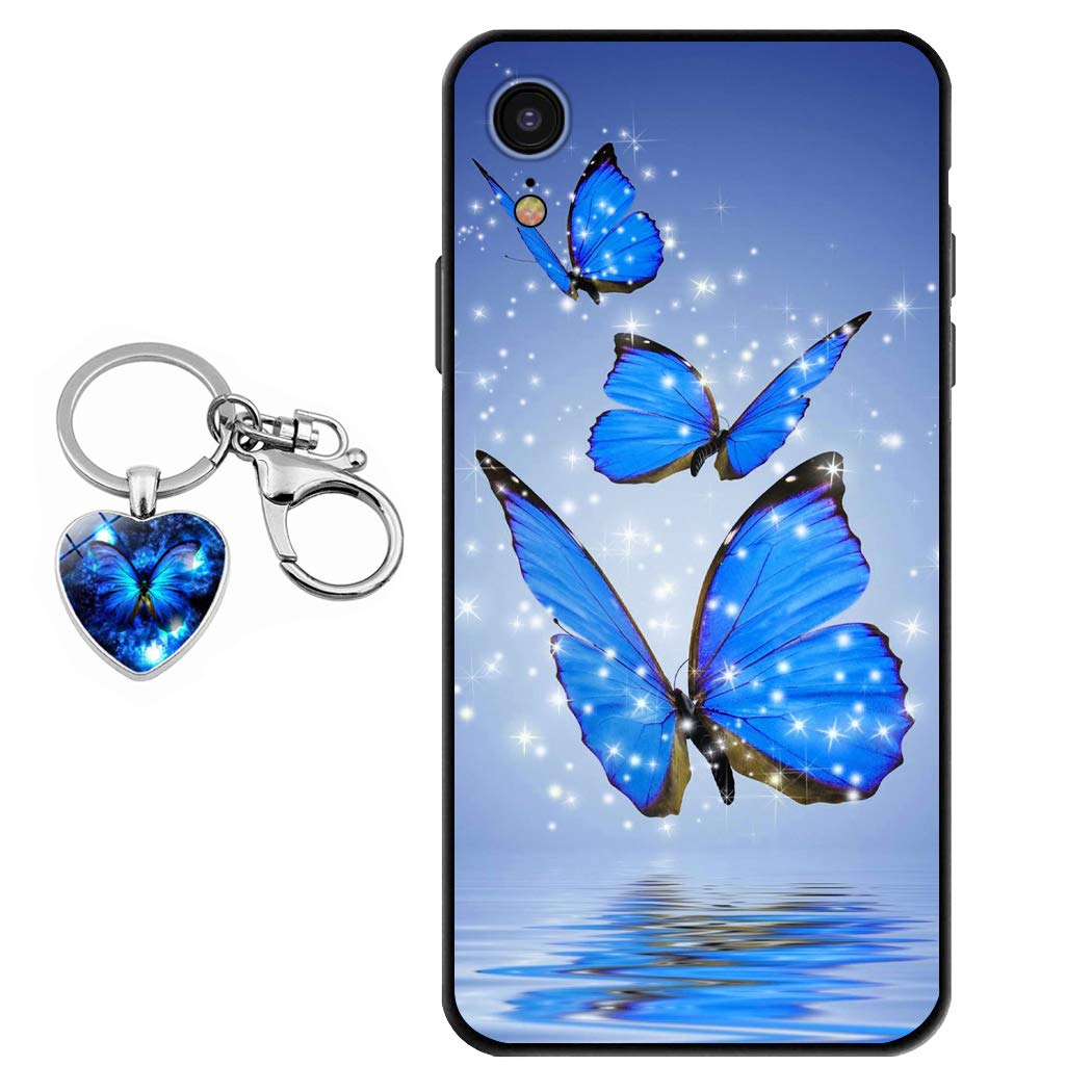 **iPhone XR Case with Blue Butterfly Design - Soft Silicone TPU Protective Cover [Includes Crystal Glass Keychain] | Slim Fit, Shockproof & Scratch-Resistant | Perfect for Everyday Use, Travel & Gifts**