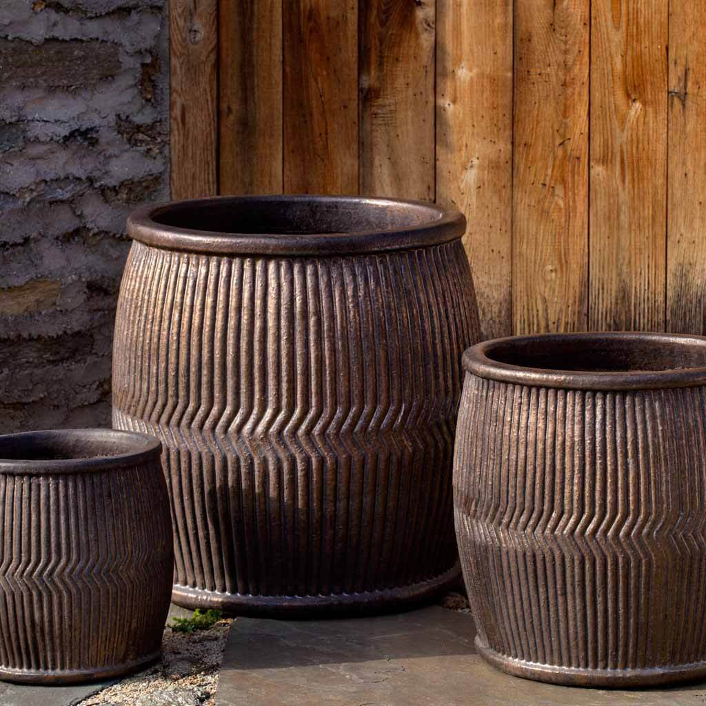 Campania International Bronze Rain Barrel Set of 3 - Eco-Friendly Water Collection for Garden Irrigation & Outdoor Conservation