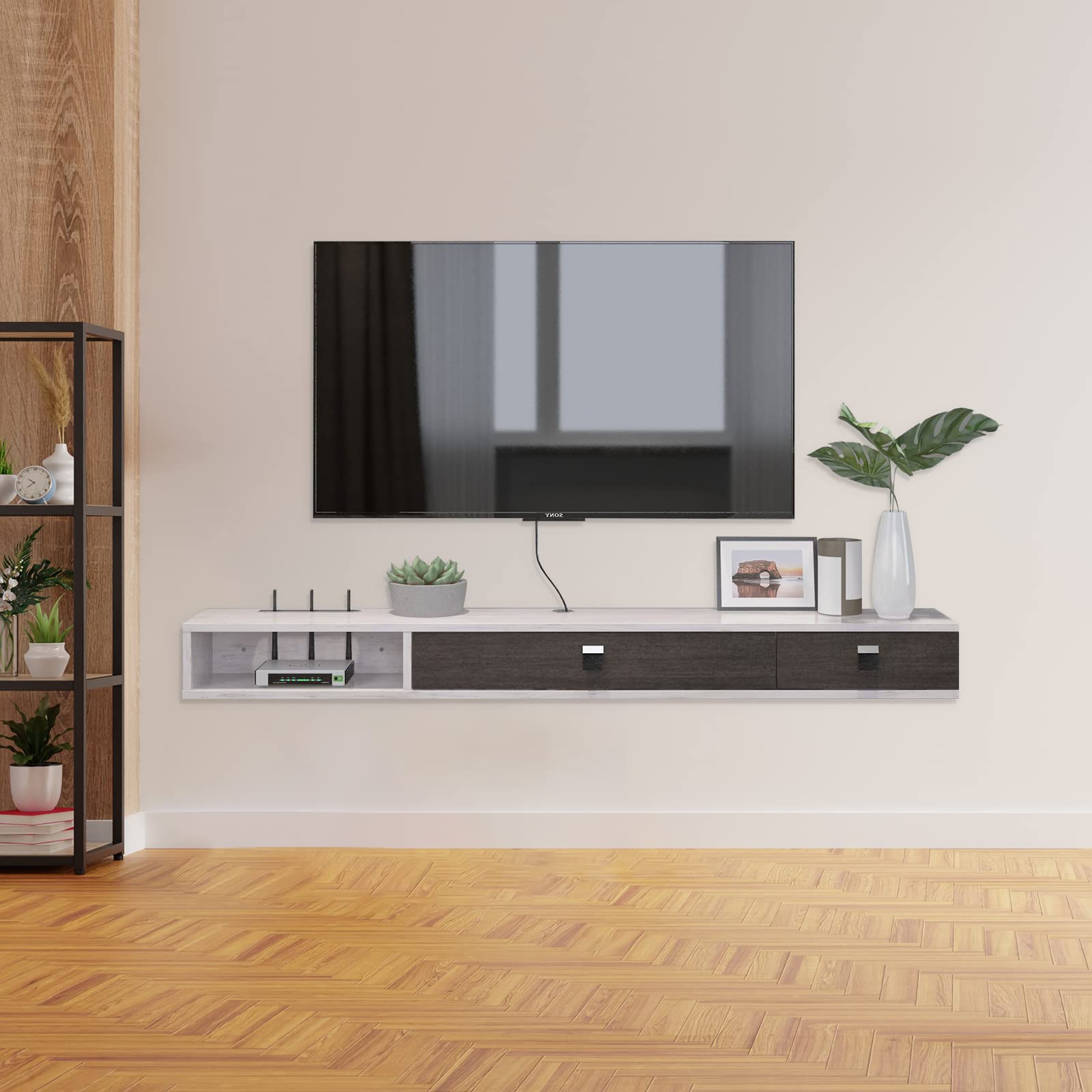 Floating TV Stand for 55-60 Inch TVs - Wall Mounted Media Console with 2 Doors, Greyish-White - Perfect for Living Room, Bedroom & Home Theater Entertainment Centers