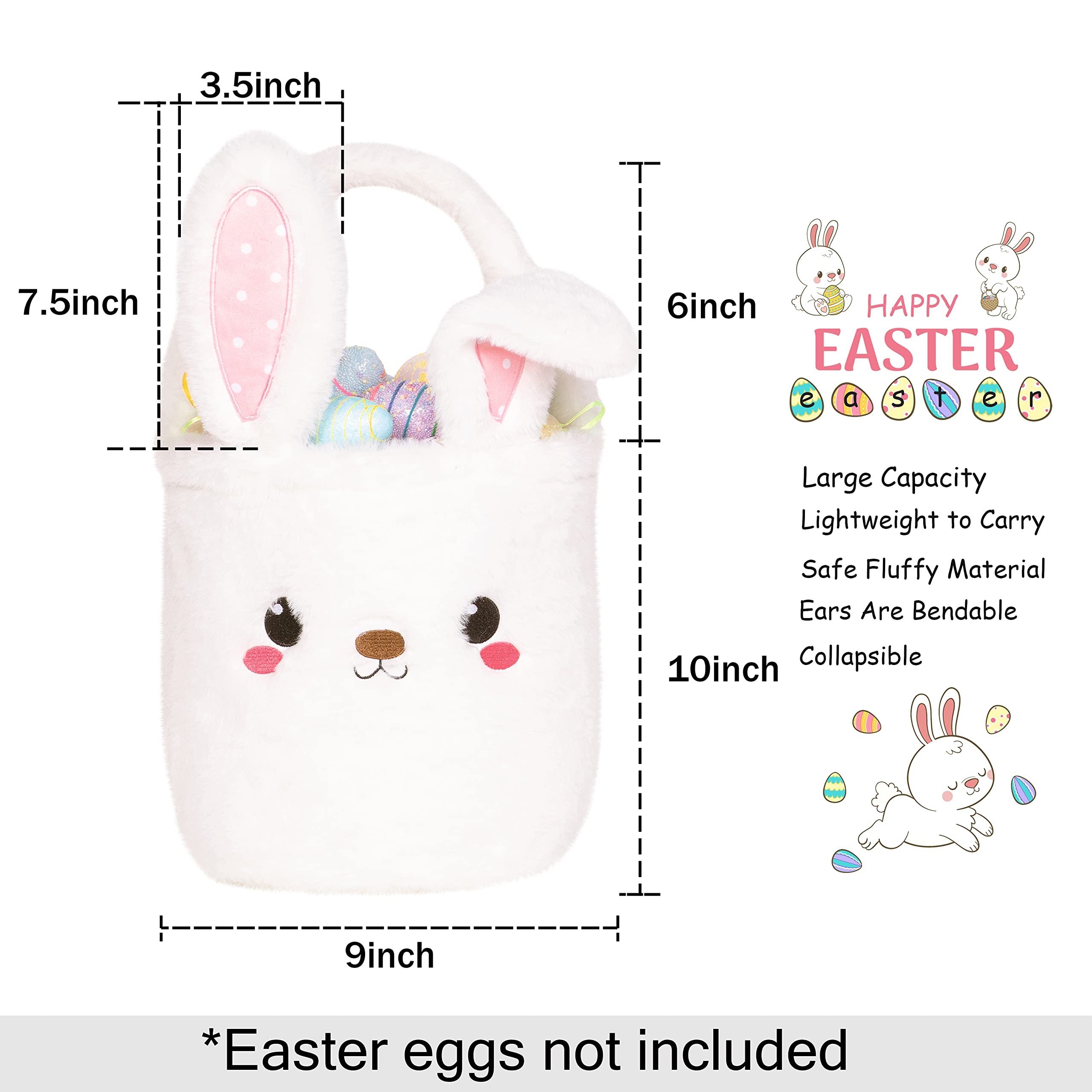 Easter Bunny Basket for Kids - Cute Plush Foldable Ears Easter Egg Hunt Tote with Handle - 9x9 Inch White Candy Bag Gift for Boys Girls Teens - Perfect for Easter Decorations, Egg Hunts & Party Favors
