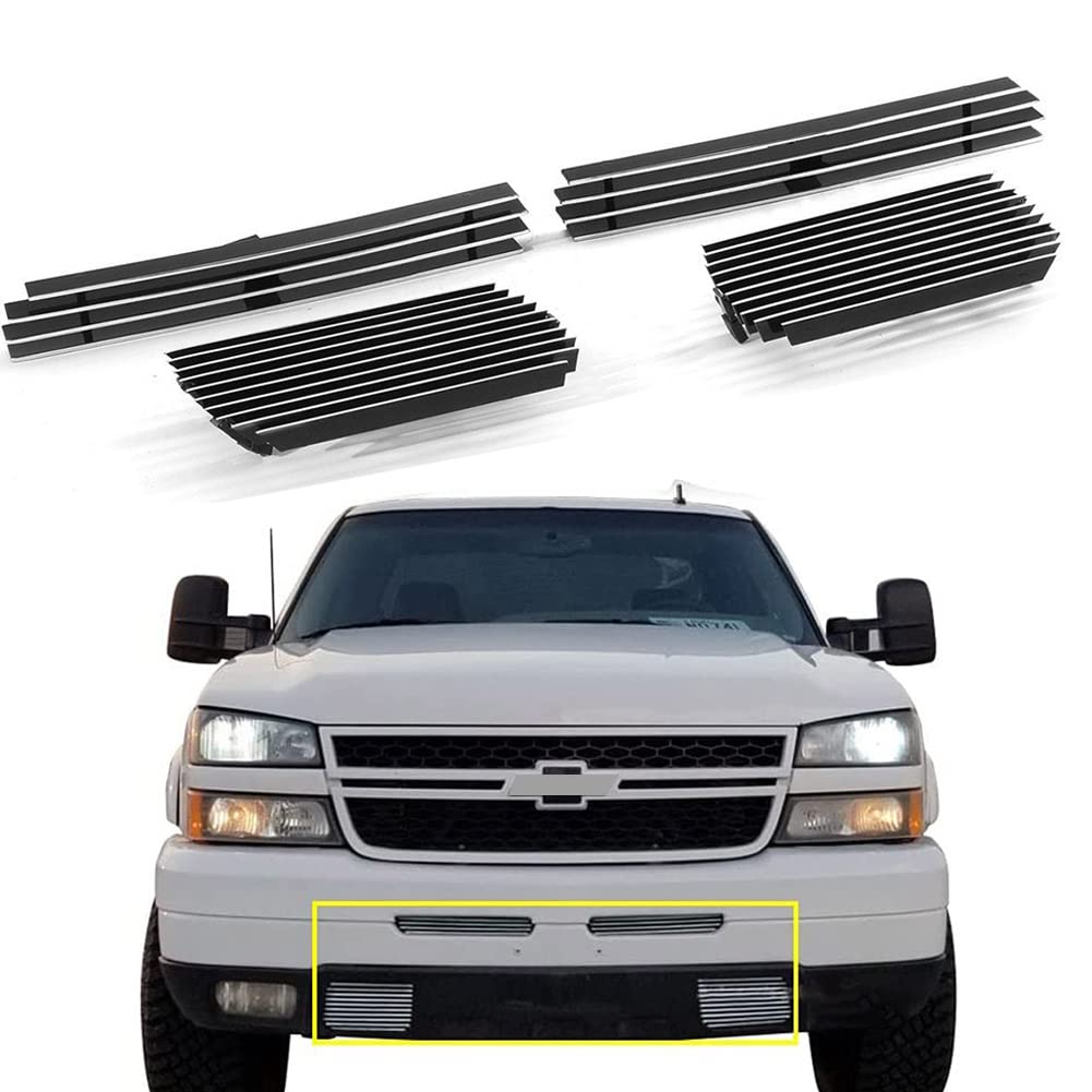 Polished Chrome Front Grill & Billet Insert Combo for 2003-2006 Chevy Silverado 1500/2500 - Top Bumper & Tow Hook Upgrade (4pc) - Perfect for Off-Road & Truck Customization