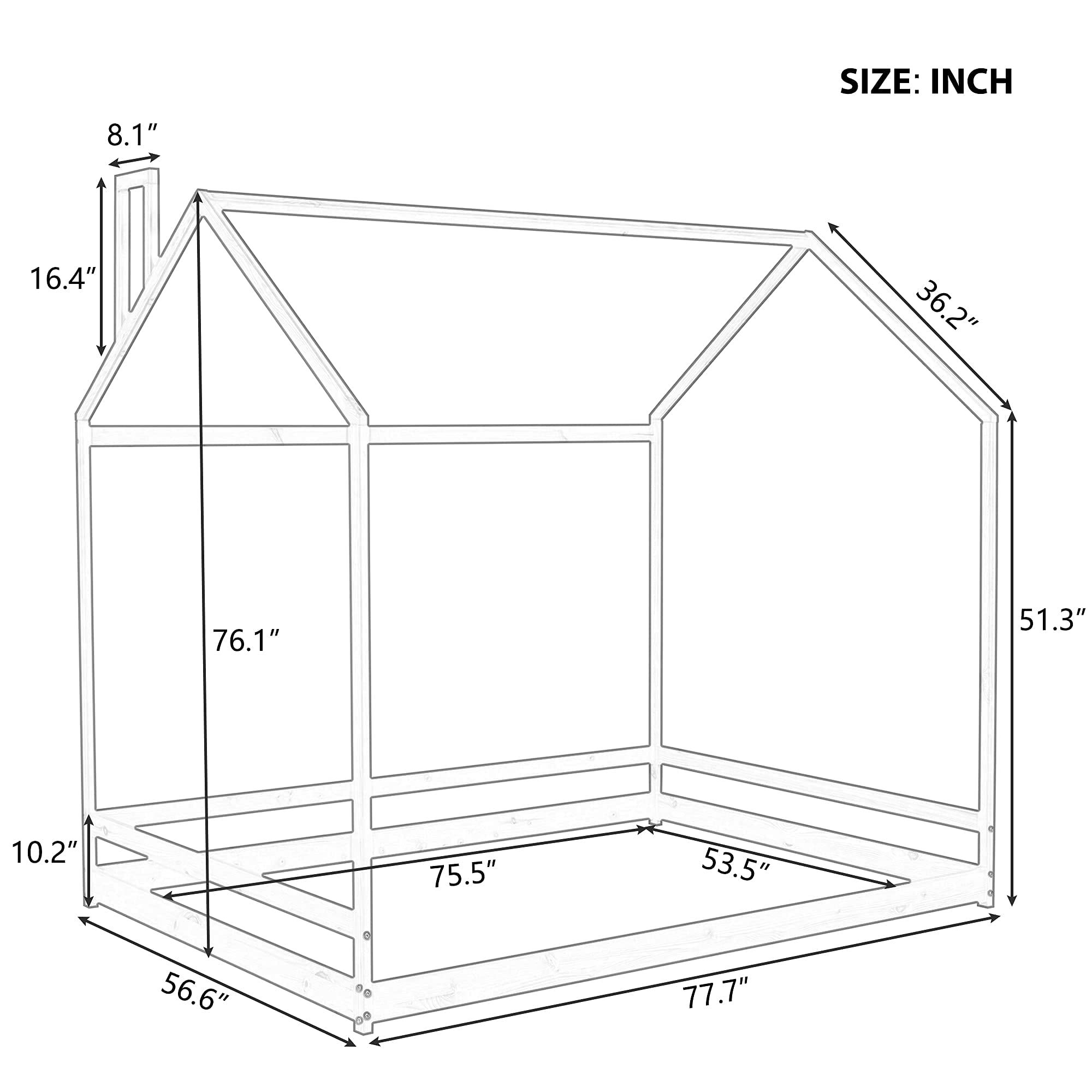 MERITLINE Full Size House Bed Frame with Roof - No Box Spring Needed - Perfect for Kids' Bedrooms, Playrooms & Cozy Reading Nooks