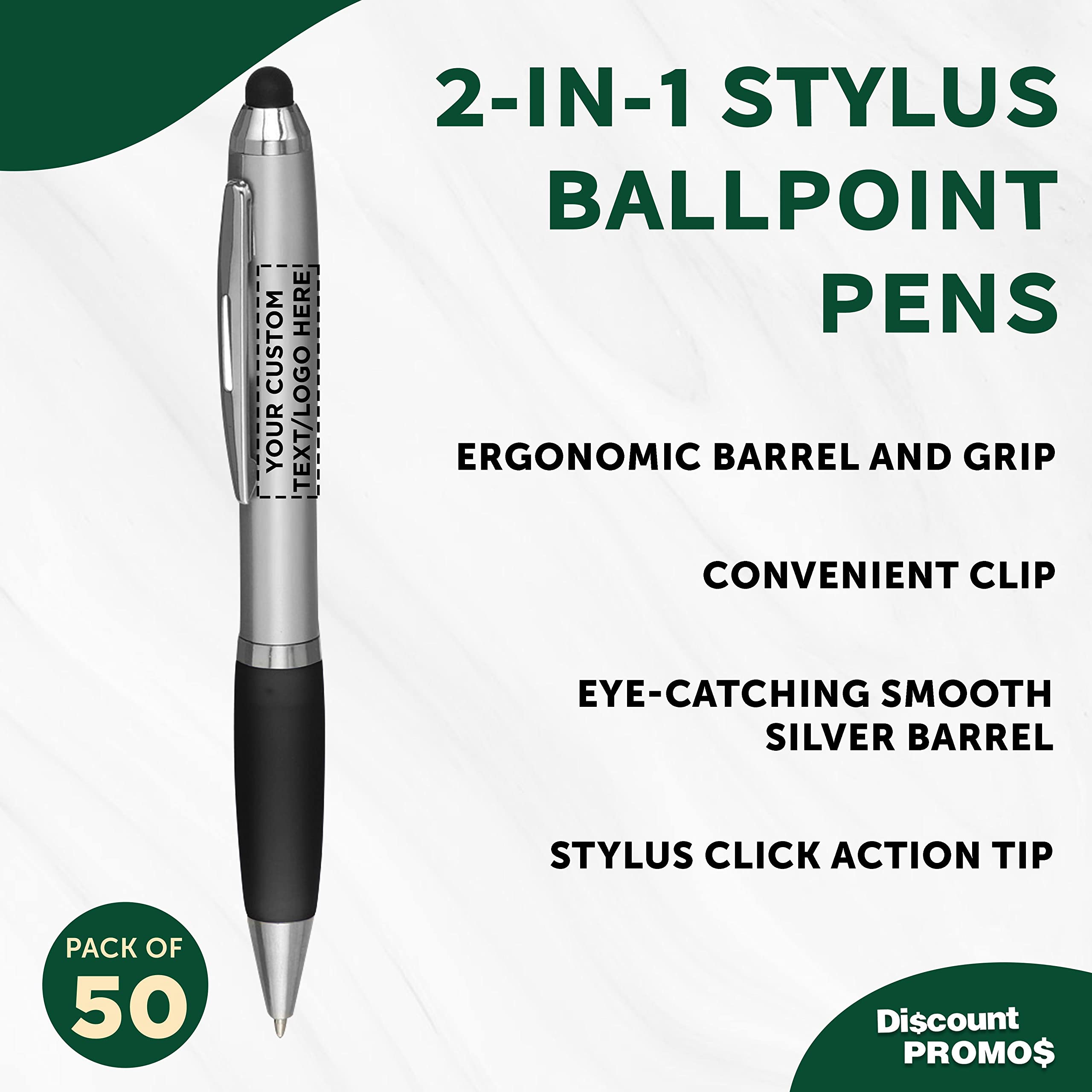 Custom Stylus Ballpoint Pens Set of 50 - Bulk Personalized Pens with Black Ink for Office, School & Business | Great for Tradeshows, Events & Corporate Gifts | Dual Function Stylus Tip for Touchscreens