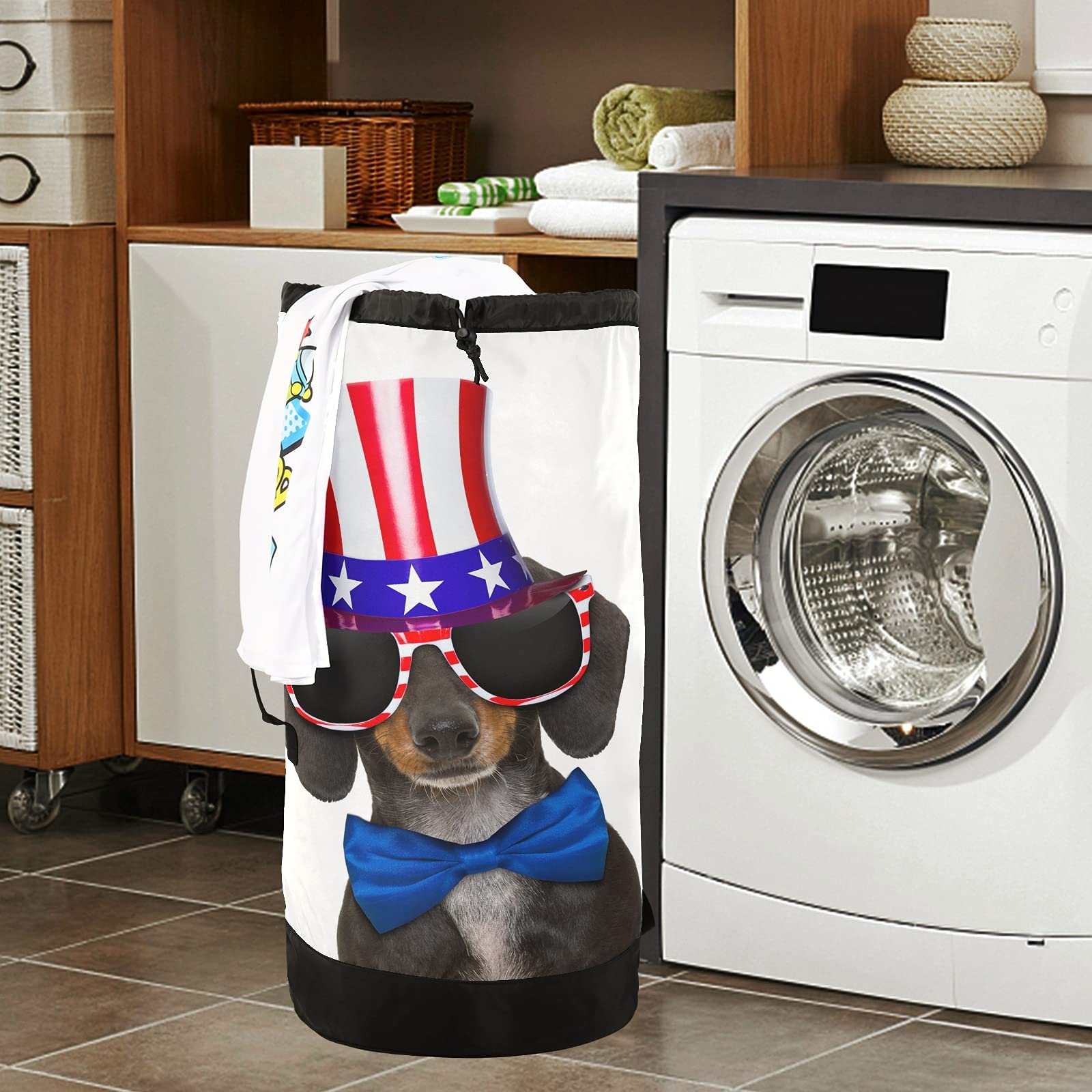 Dachshund Sausage Dog USA Flag Backpack - Adjustable Shoulder Straps Laundry Bag & Drawstring Hamper Basket for Dirty Clothes, Toy Storage - Perfect for Dorm, Travel, Camping & Pet Lovers