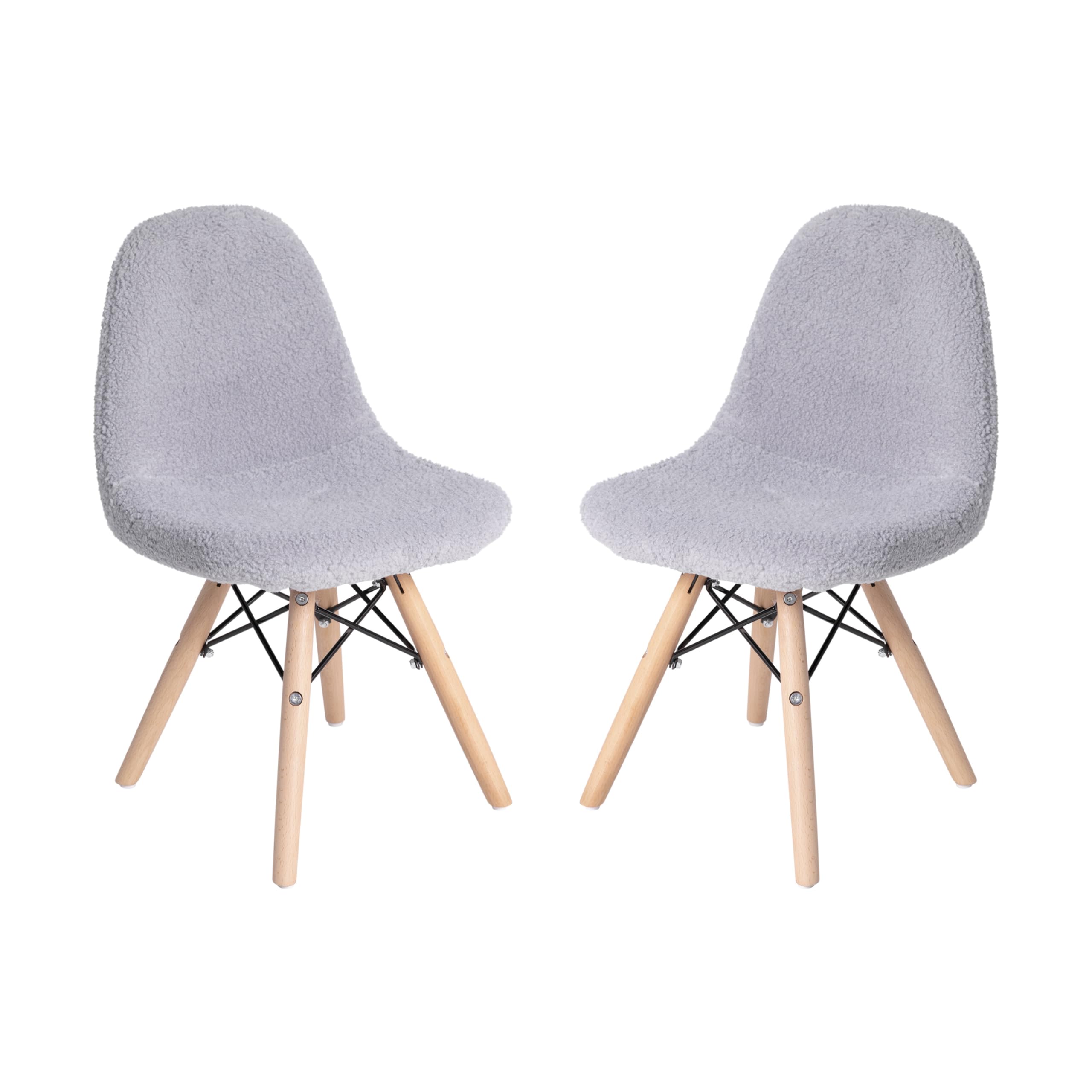 EMMA + OLIVER Set of 2 Kids Accent Chairs with Gray Faux Shearling Seat & Solid Wood Base - Easy 10-Minute Assembly - Perfect for Bedroom, Playroom or Reading Nook - Beechwood Legs Children's Side Chairs