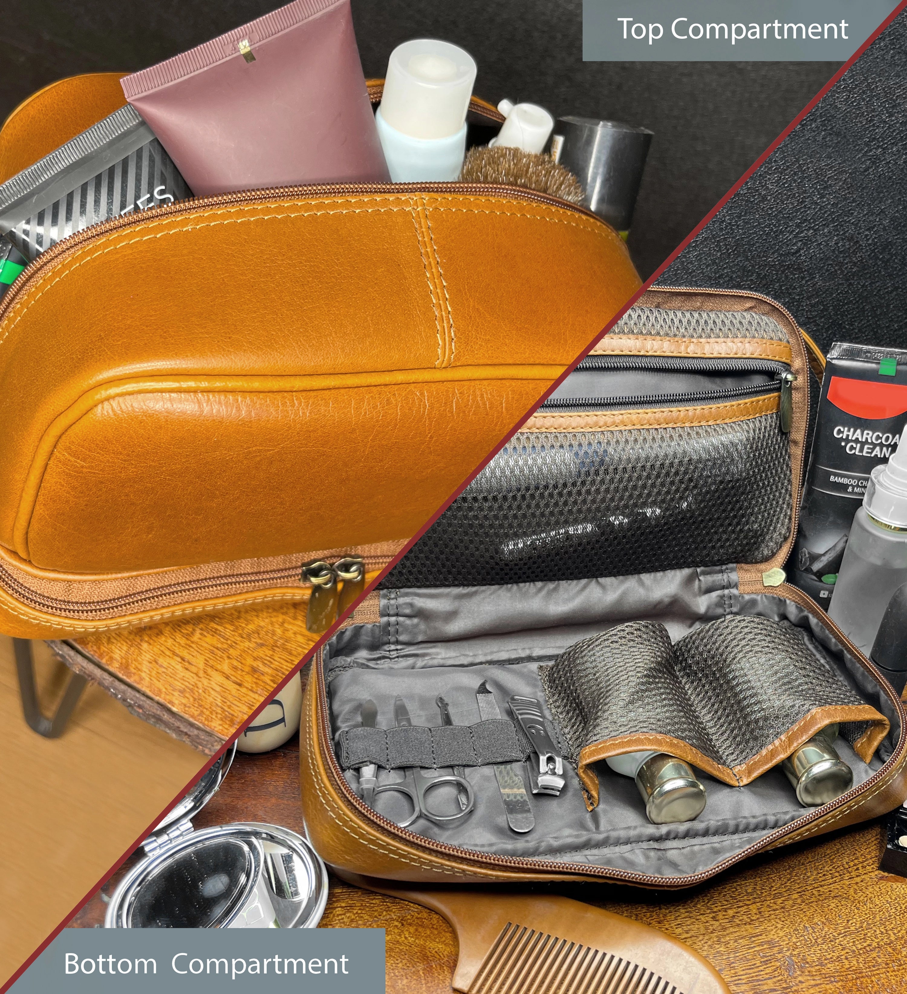 Premium Leather Travel Makeup Bag for Women - Waterproof Cosmetic Organizer Toiletry Pouch (Cognac Brown) - Perfect for Vacation, Business Trips & Gym Essentials