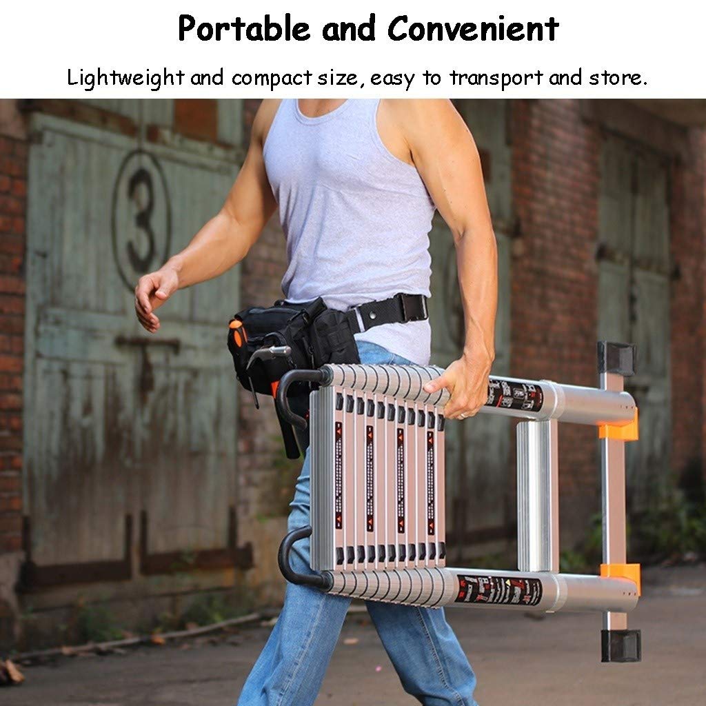 Extendable Aluminum Telescoping Ladder with Detachable Hooks - Foldable Portable Ladder for Home, Office, Loft & Attic - 330 lbs Weight Capacity - Perfect for Indoor/Outdoor Use, Roof Access & Storage Spaces