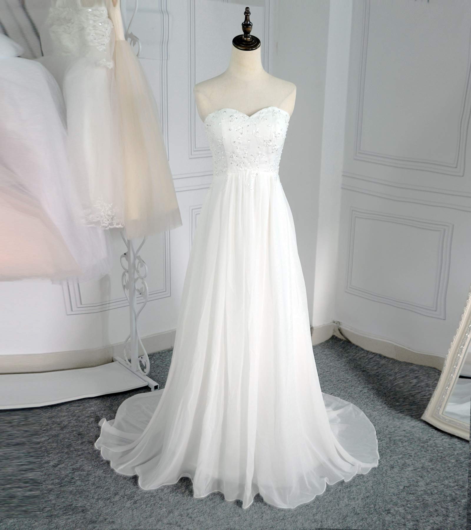 Plus Size Beach Wedding Dresses for Women - Elegant Long Lace Chiffon Bridal Gown with Pearl Details | Perfect for Destination Weddings, Beach Ceremonies & Romantic Photos
