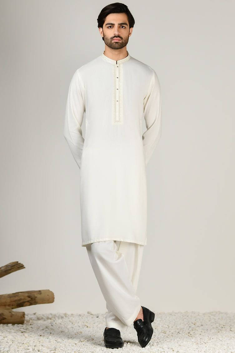 Premium Blended White Shalwar Kameez by J. Junaid Jamshed - Elegant Pakistani Traditional Outfit for Men - Perfect for Weddings, Eid & Special Occasions
