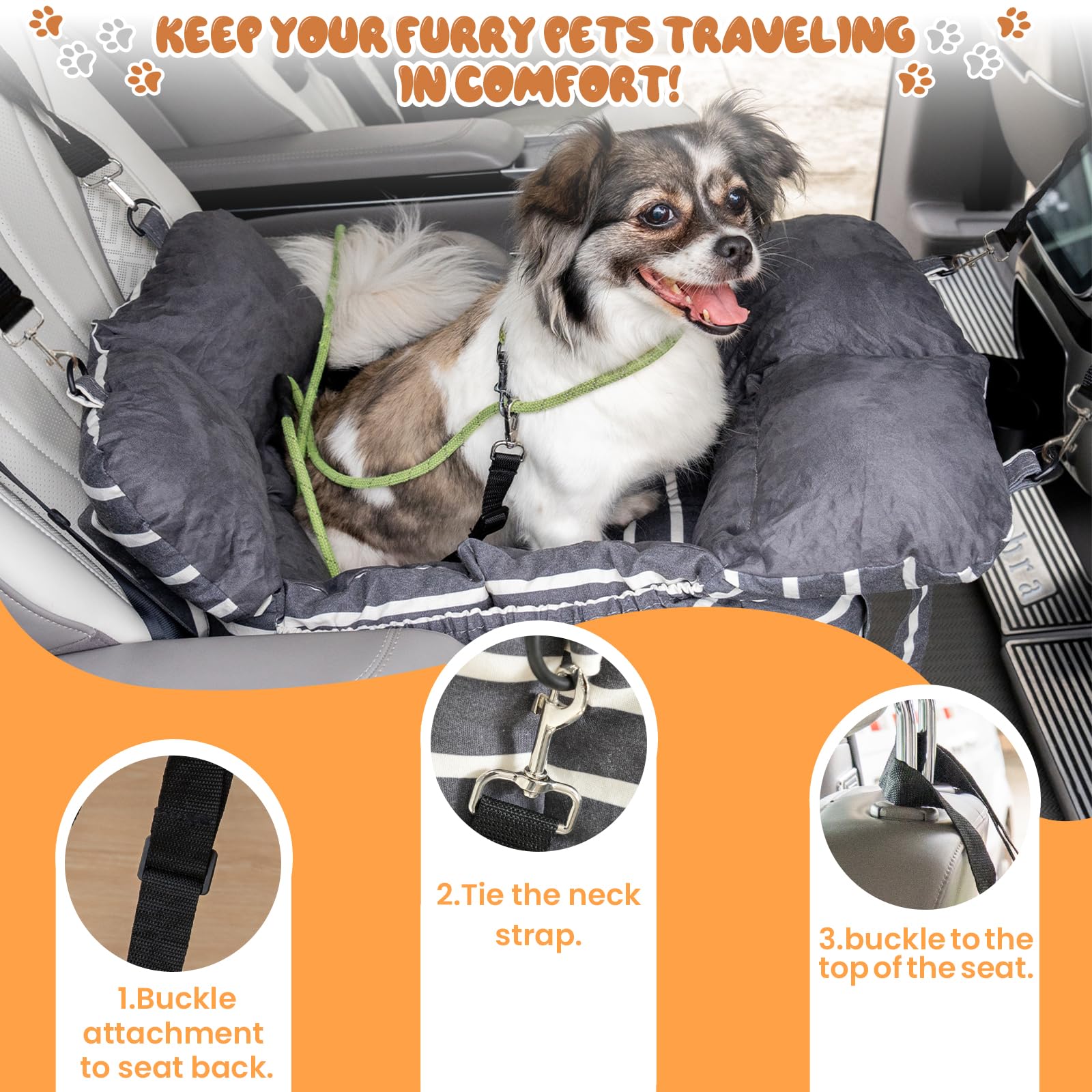 Washable Small Dog Car Seat Booster with Clip-On Leash, Cushion & Storage Pockets - Portable Travel Pet Carrier for Dogs Under 25lbs (Black with Handle) - Perfect for Road Trips, Daily Commutes & Vet Visits