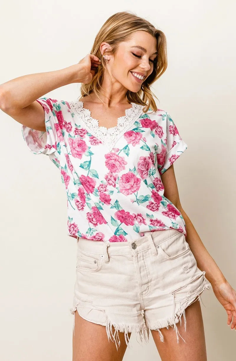 BiBi Rose Printed Poly Span with Crochet Lace Top - Elegant Floral Lingerie for Women | Perfect for Valentine's Day, Bridal Shower & Romantic Occasions