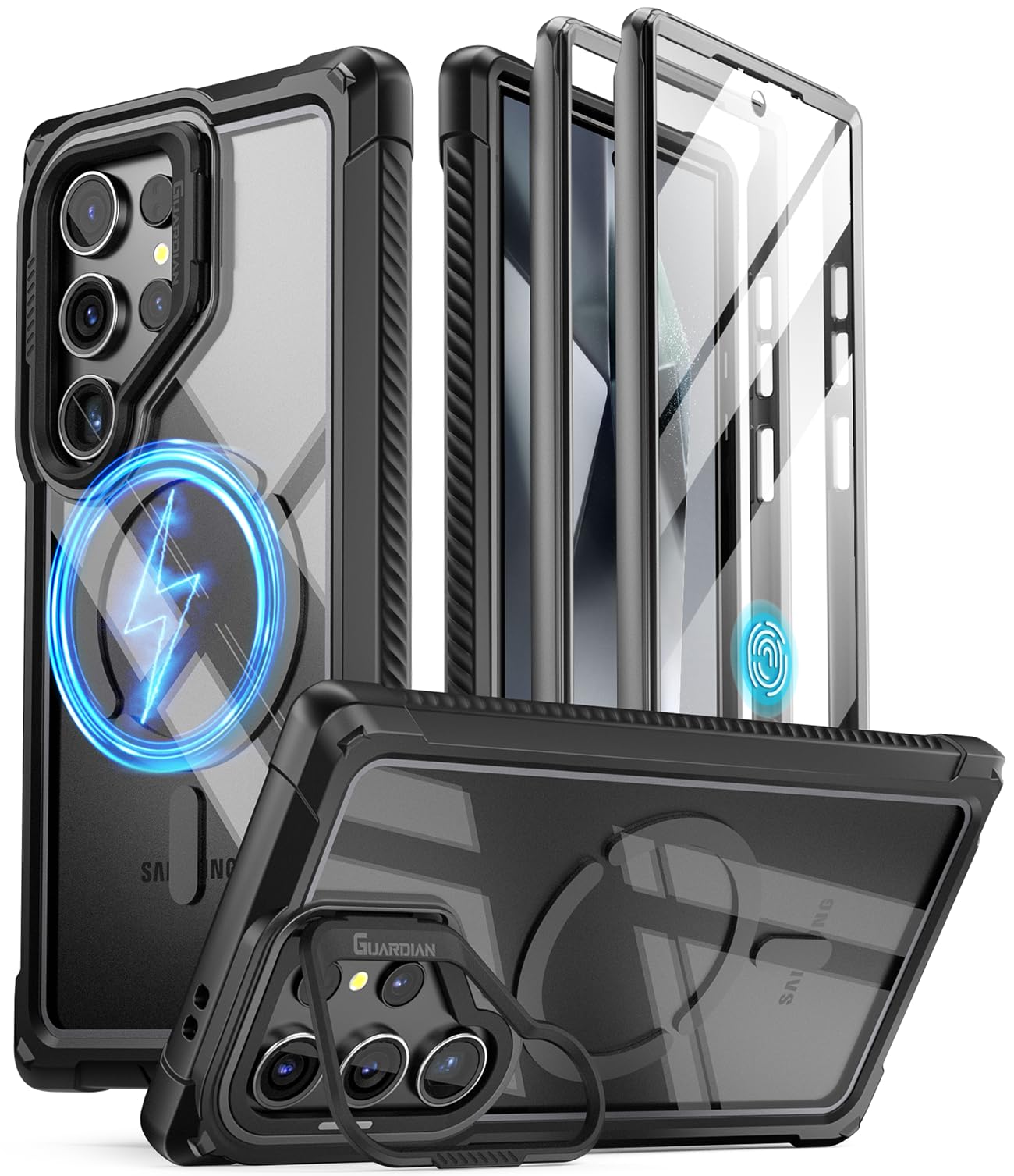 Poetic Guardian Case for Samsung Galaxy S24 Ultra 5G (6.8 Inch) - Shockproof Hybrid Clear Cover with Built-in Camera Stand & Fingerprint-Compatible Screen Protector | Black/Clear | Perfect for Outdoor Adventures, Work & Travel Protection
