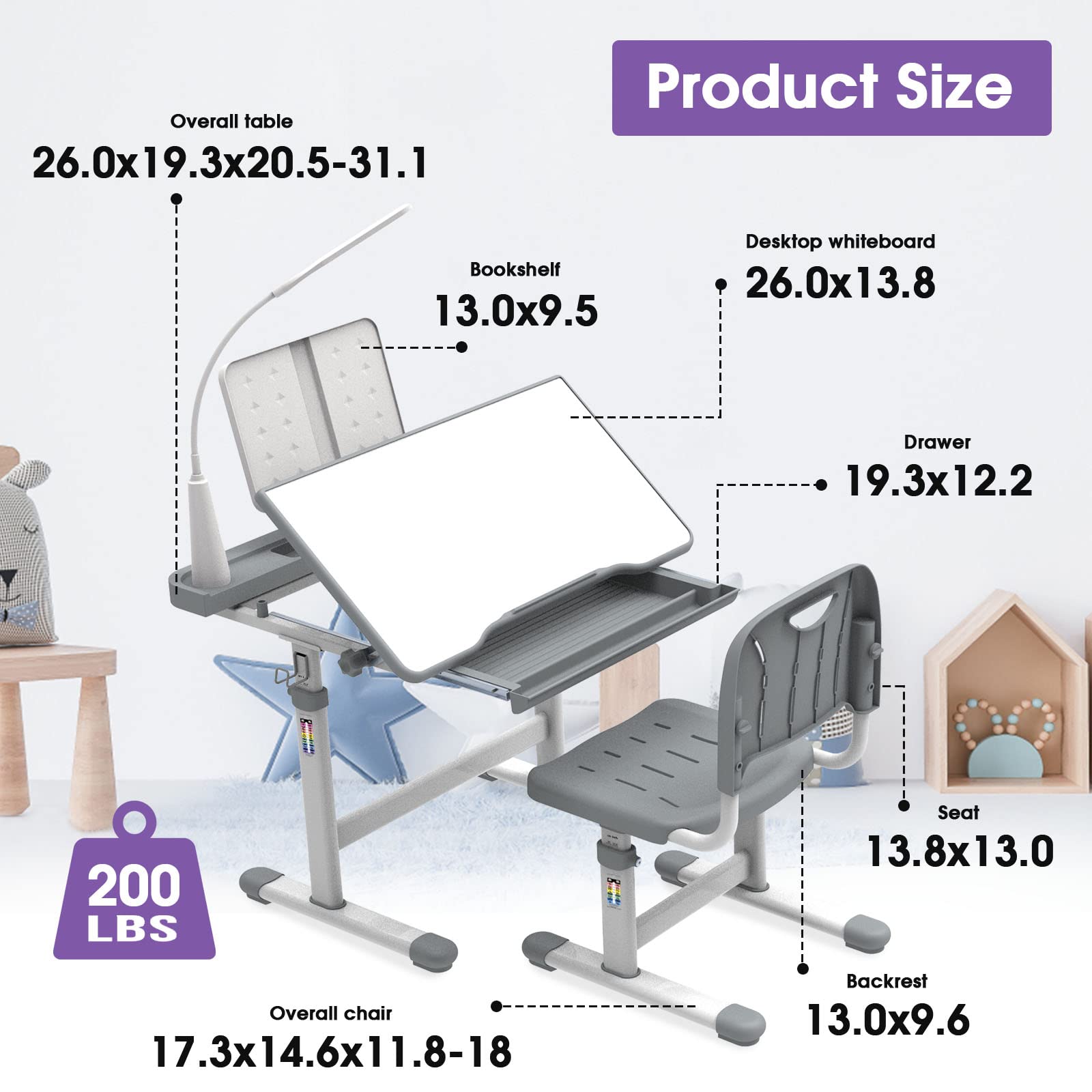 BELANITAS Adjustable Kids Desk and Chair Set with 40° Tiltable Tabletop & LED Light - Ergonomic Study Desk for Children Ages 3-12 - Perfect for Homework, Drawing & Online Learning (Grey)